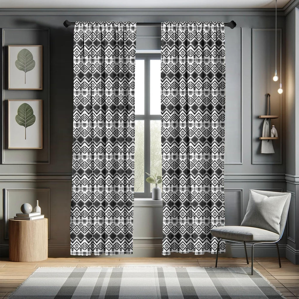 Ambesonne Geometric Curtains, Monochrome Hand Drawn Tribal Pattern Abstract Aztec Motifs Civilizations, Window Treatments 2 Pane