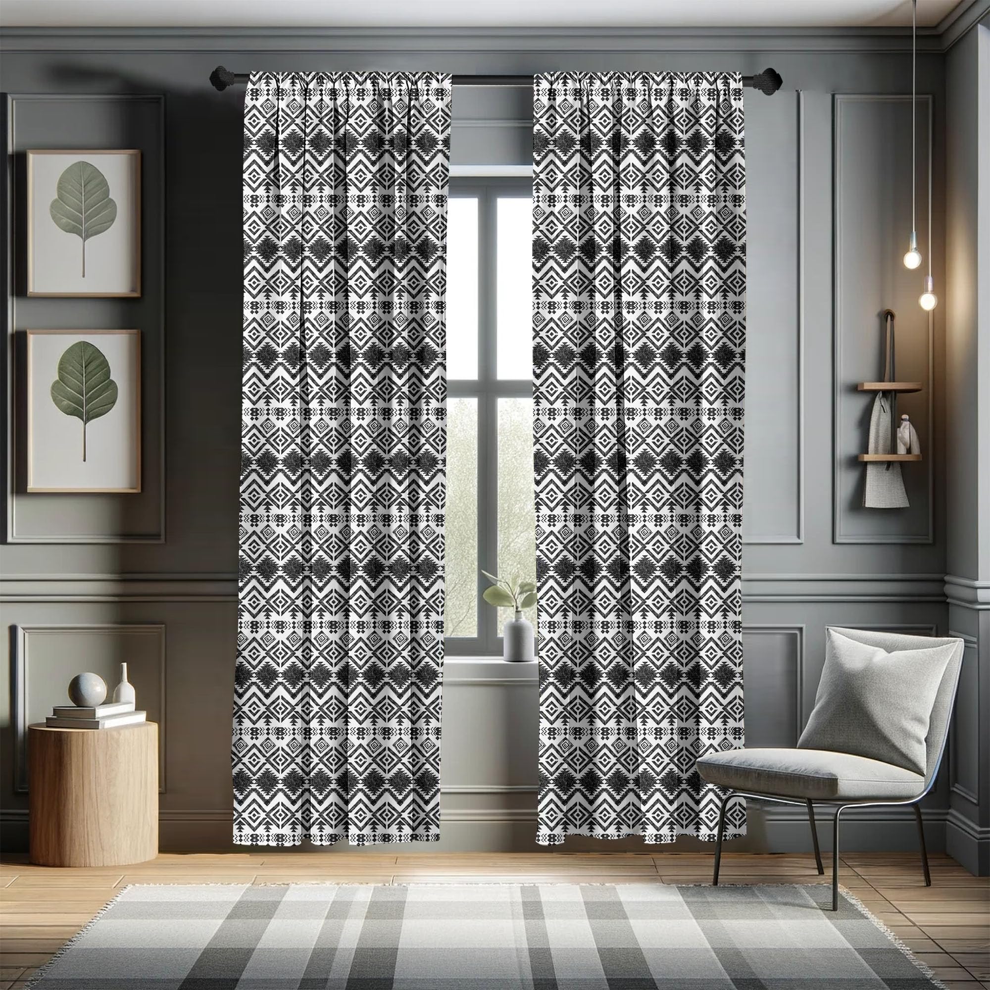 Ambesonne Geometric Curtains, Monochrome Hand Drawn Tribal Pattern Abstract Aztec Motifs Civilizations, Window Treatments 2 Pane