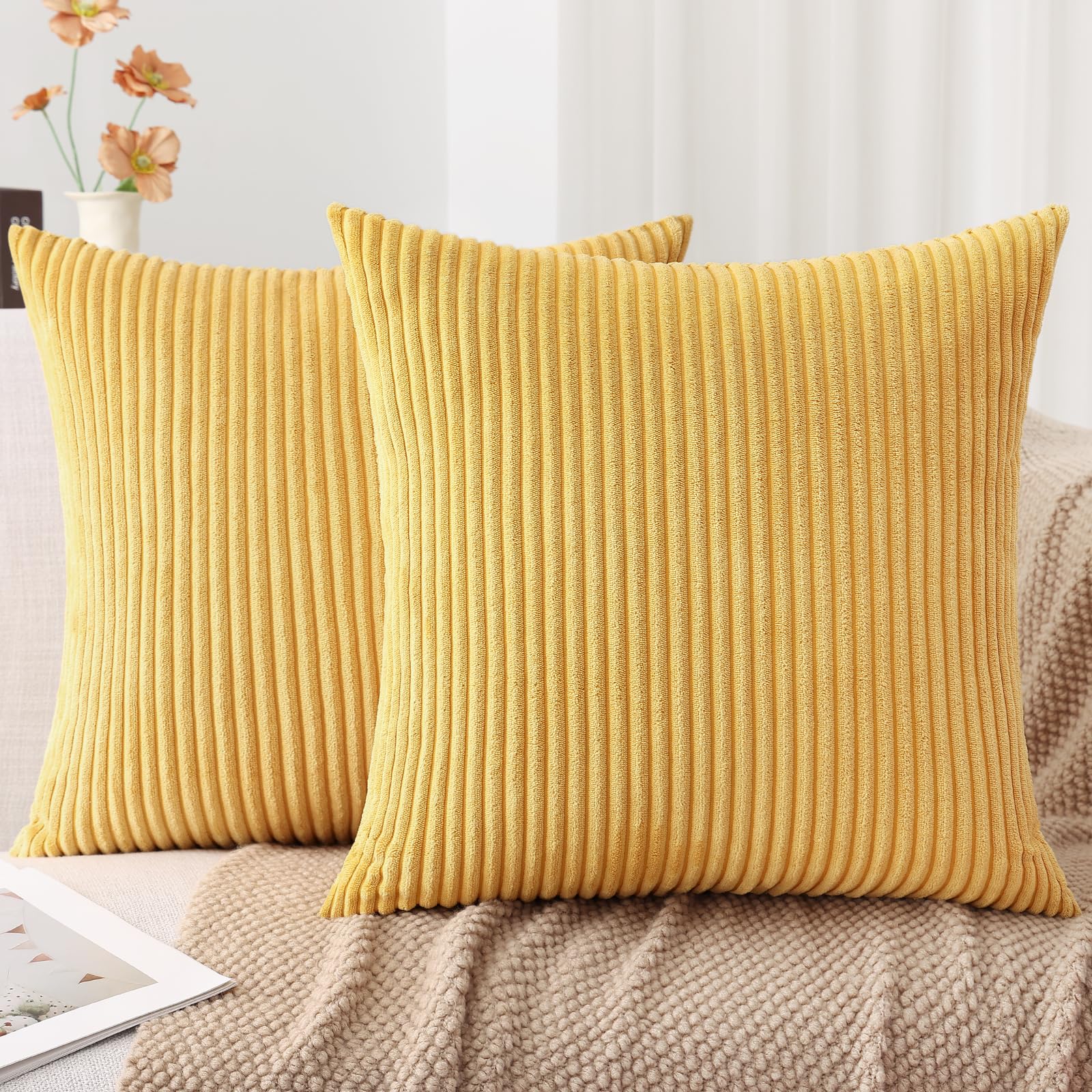 Mecatny Corduroy Fall Throw Pillow Covers 18X18 Set Of 2 - Striped Decorative Pillow Covers For Living Room, Bed - Soft Square C