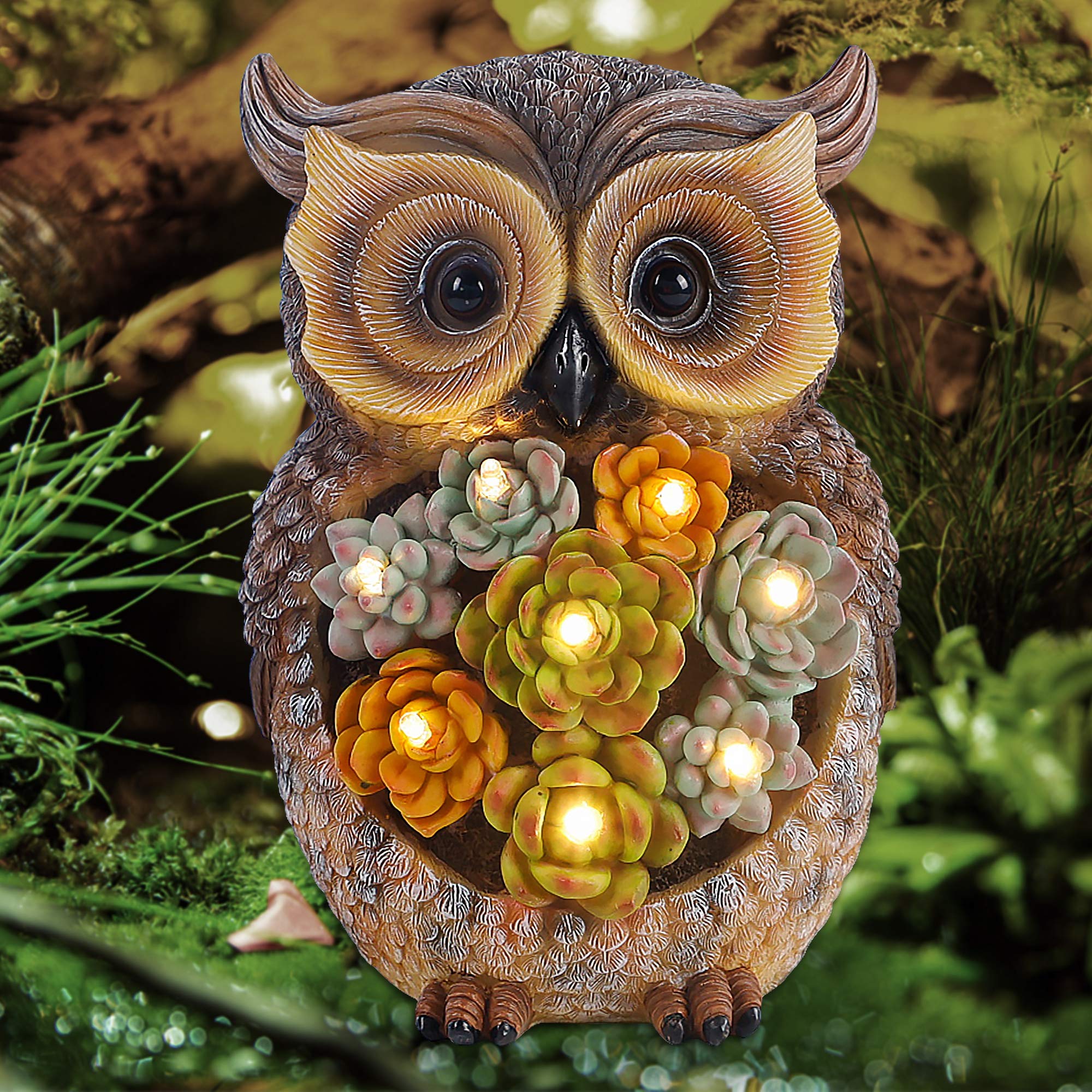 Forup Owl Garden Statue, Resin Owl Figurine Garden Lawn Ornaments With Solar Led Lights For Outdoor Yard Garden Decorations