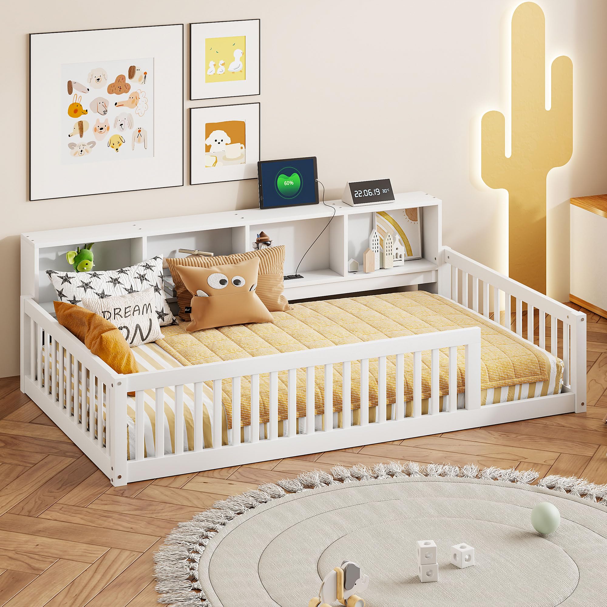 Kids Montessori Floor Bed with Bookcase,Twin XL Size Floor Bed with Charging Station,Floor Bed Frame with Guardrails for Kids,Fl