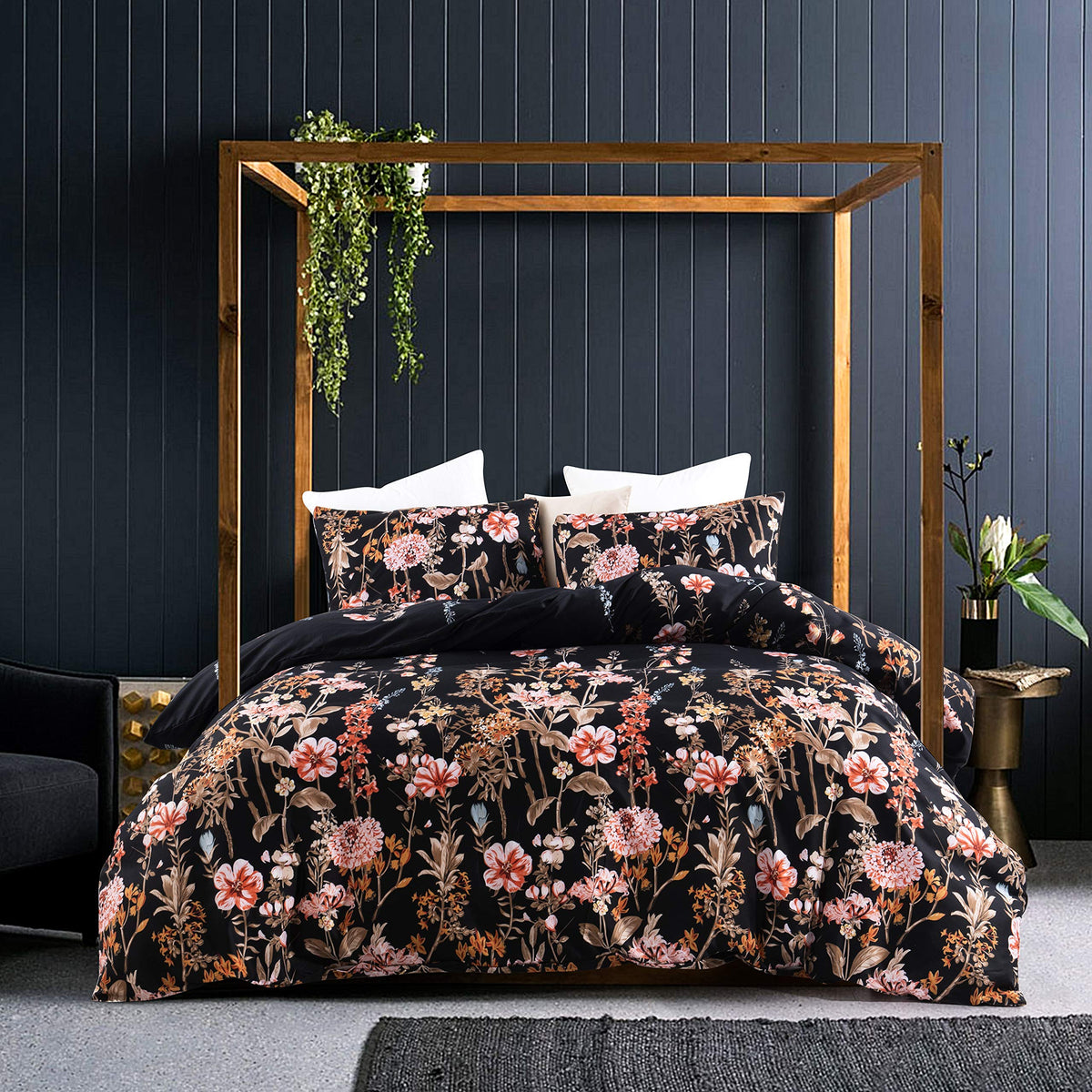 Getiann Black Floral Duvet Cover Set Twin Comforter Cover Set 2 Pieces Bedding (1 Comforter Cover 68'X90' With 1 Pillow Sham)