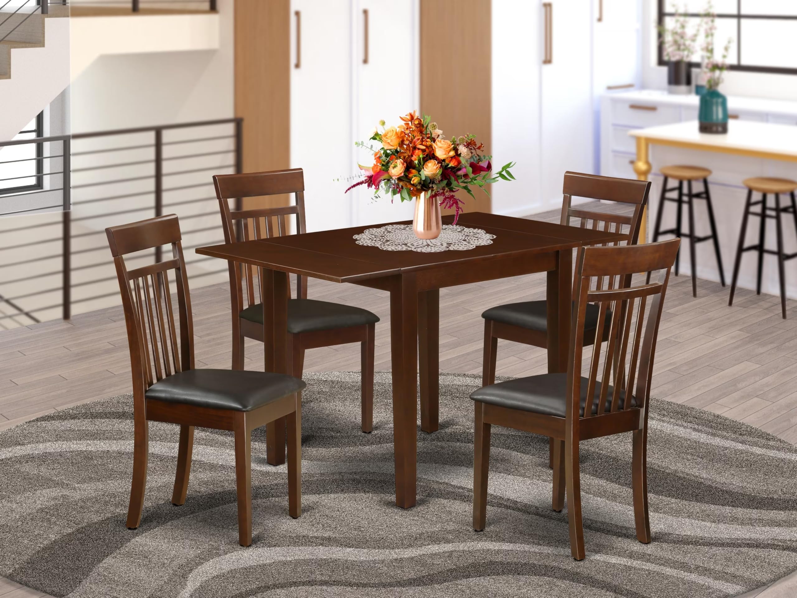 East West Furniture Ndca5-Mah-Lc 5 Piece Modern Dining Table Set Includes A Rectangle Wooden Table With Dropleaf And 4 Faux Leather Dining Room Chairs, 30X48 Inch, Mahogany
