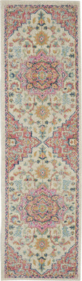 HomeRoots Ivory/Pink 100% Polypropylene 2’ x 8’ Ivory and Pink Medallion Scatter Rug