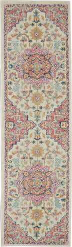 HomeRoots Ivory/Pink 100% Polypropylene 2’ x 8’ Ivory and Pink Medallion Scatter Rug