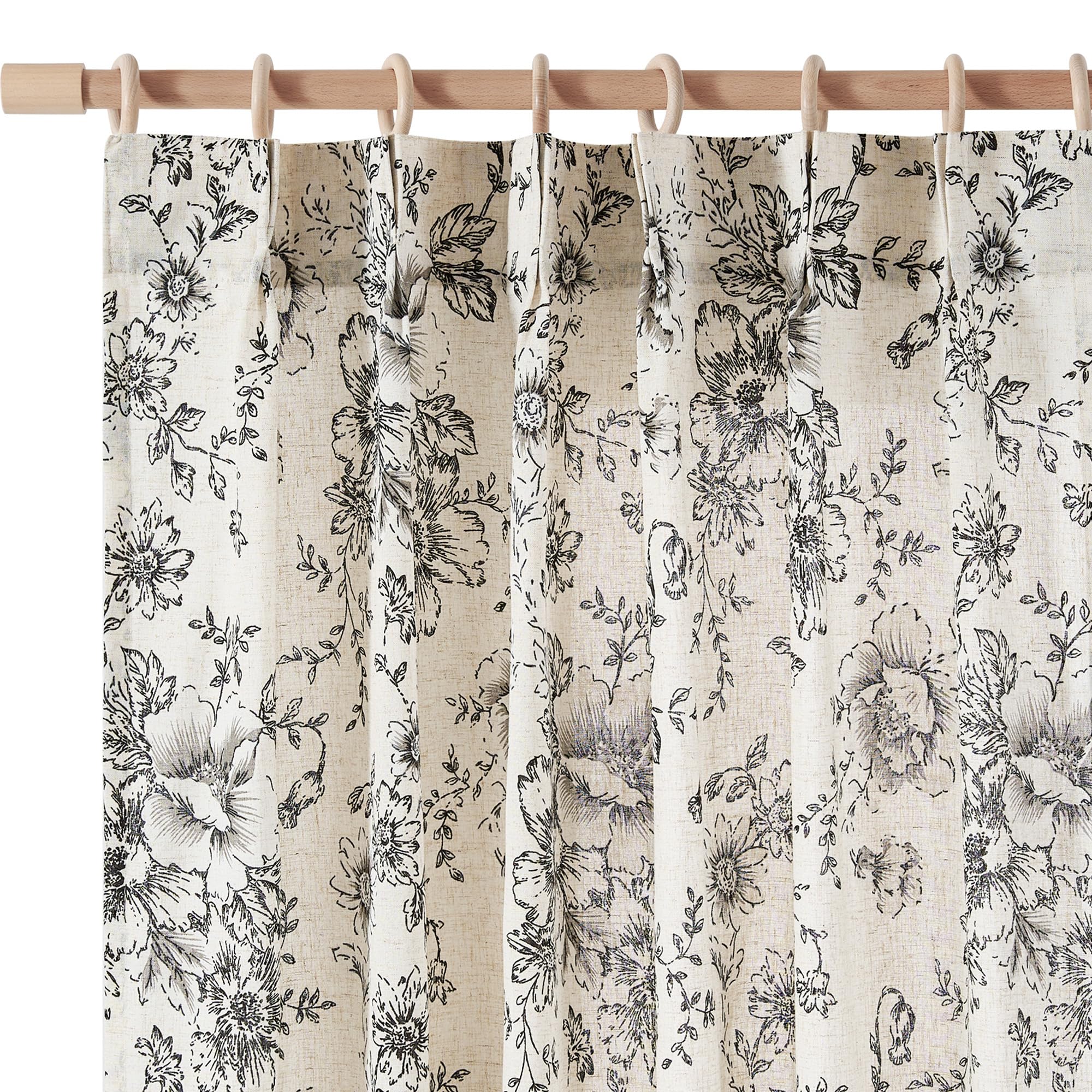 Jinchan Pinch Pleated Curtains Floral Linen Curtains For Living Room 90 Inches Long Black Peony Flower Printed Curtains Rod Pock
