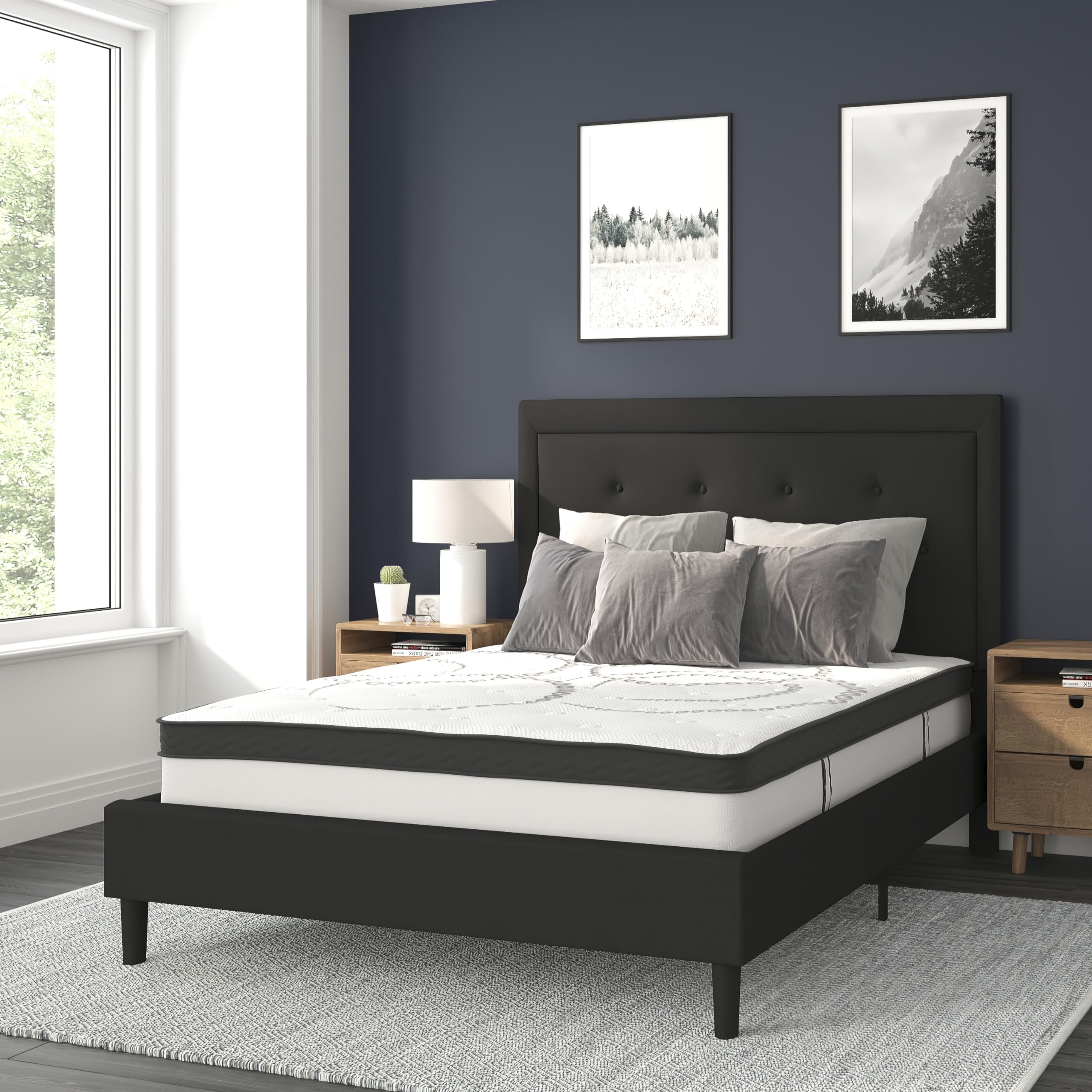 Flash Furniture Roxbury Full Size Tufted Upholstered Platform Bed In Black Fabric With 10 Inch Certipur-Us Certified Pocket Spring Mattress