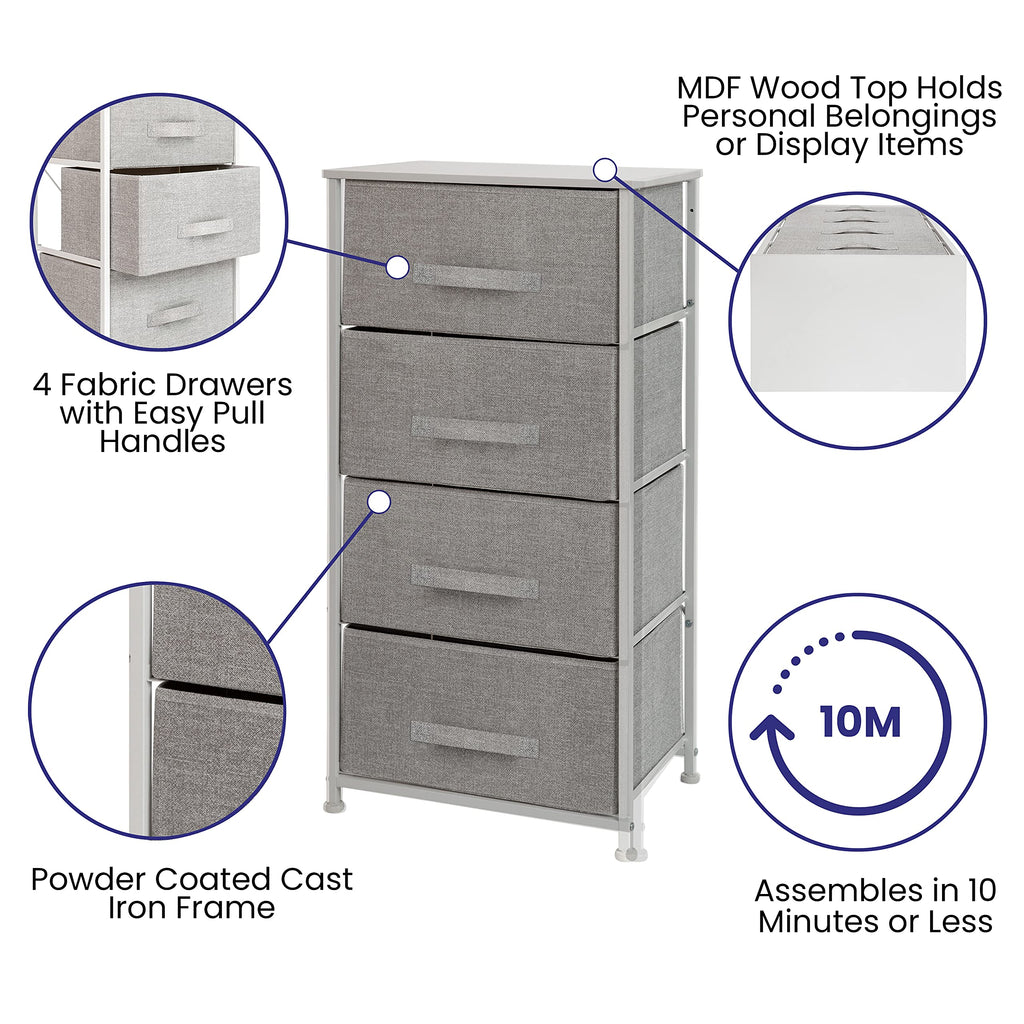 Flash Furniture Harris 4-Drawer Storage Chest of Drawers, Modern Bedroom Dresser with 4 Easy Pull Fabric Drawers and Engineered Wood Top, Light Gray