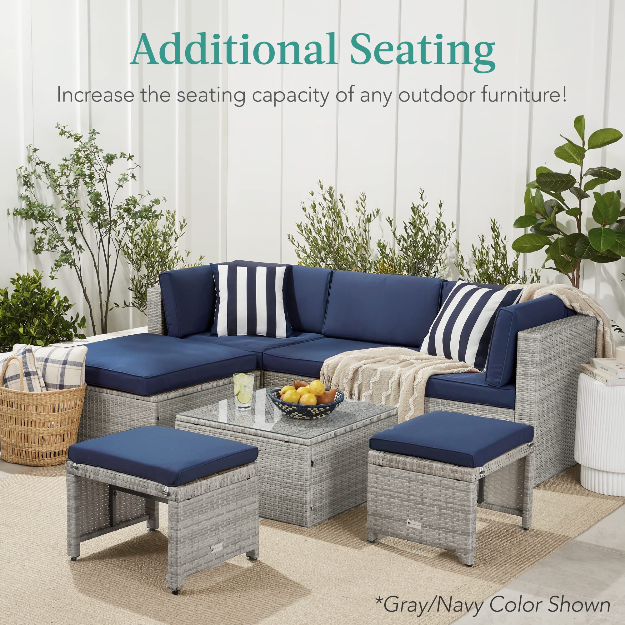 Best Choice Products Set Of 2 Wicker Ottomans, Multipurpose Outdoor Furniture For Patio, Backyard, Additional Seating, Footrest, Side Table W/Removable Cushions, Steel Frame - Gray/Cream