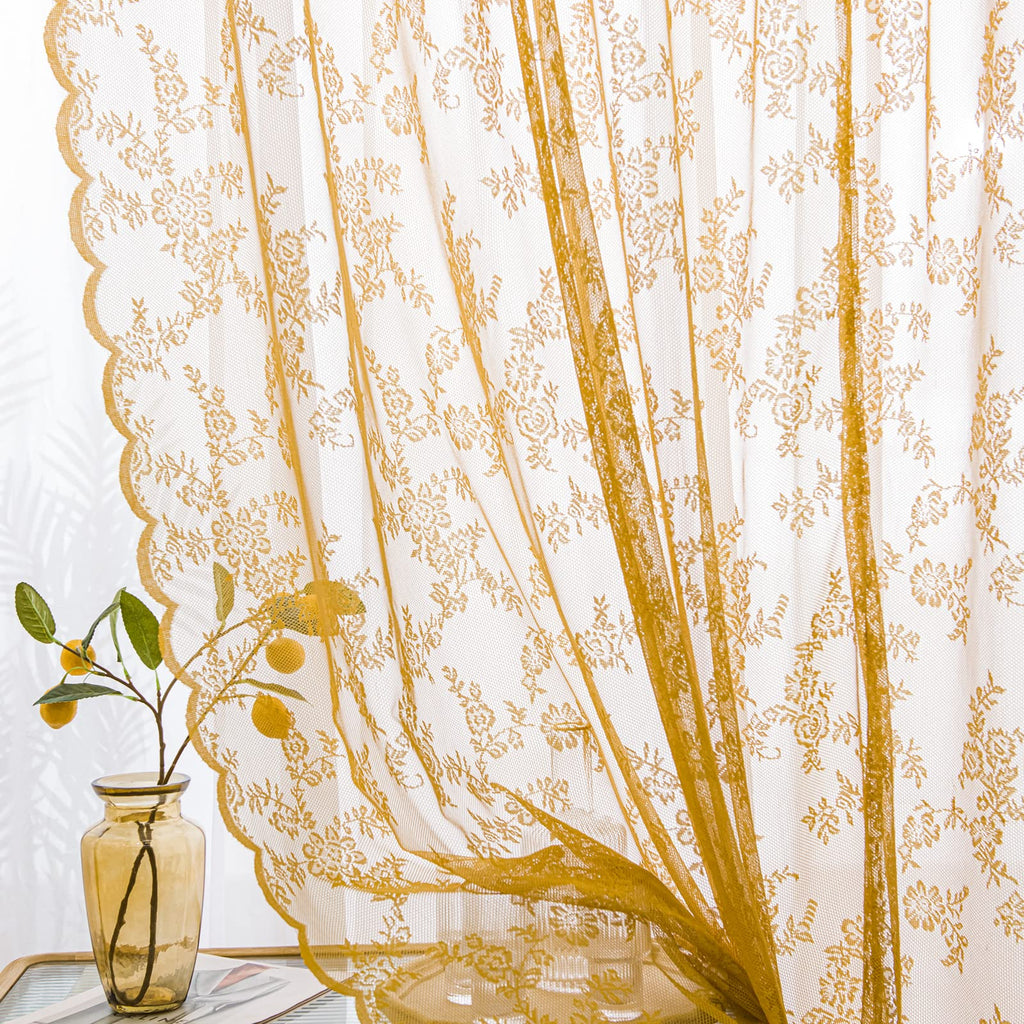 Sutuo Home Gold Lace Curtains Set Of 2, Sheer Panels 63 Inch Length Floral Embroidery Vintage Voile Window Treatment Pair For Be