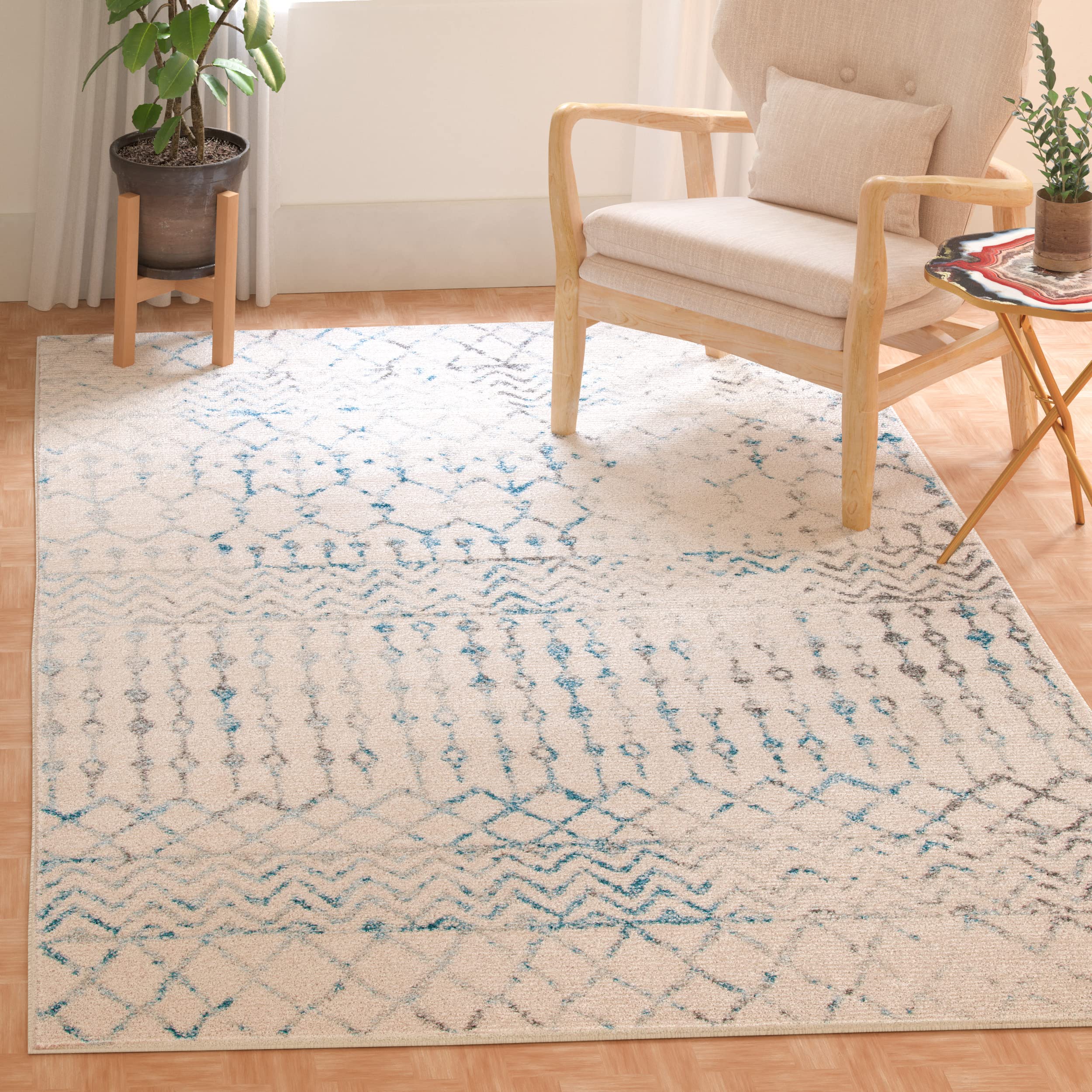 SAFAVIEH Tulum Collection Area Rug - 10 x 13, Ivory & Turquoise, Moroccan Boho Distressed Design, Non-Shedding & Easy Care, Id