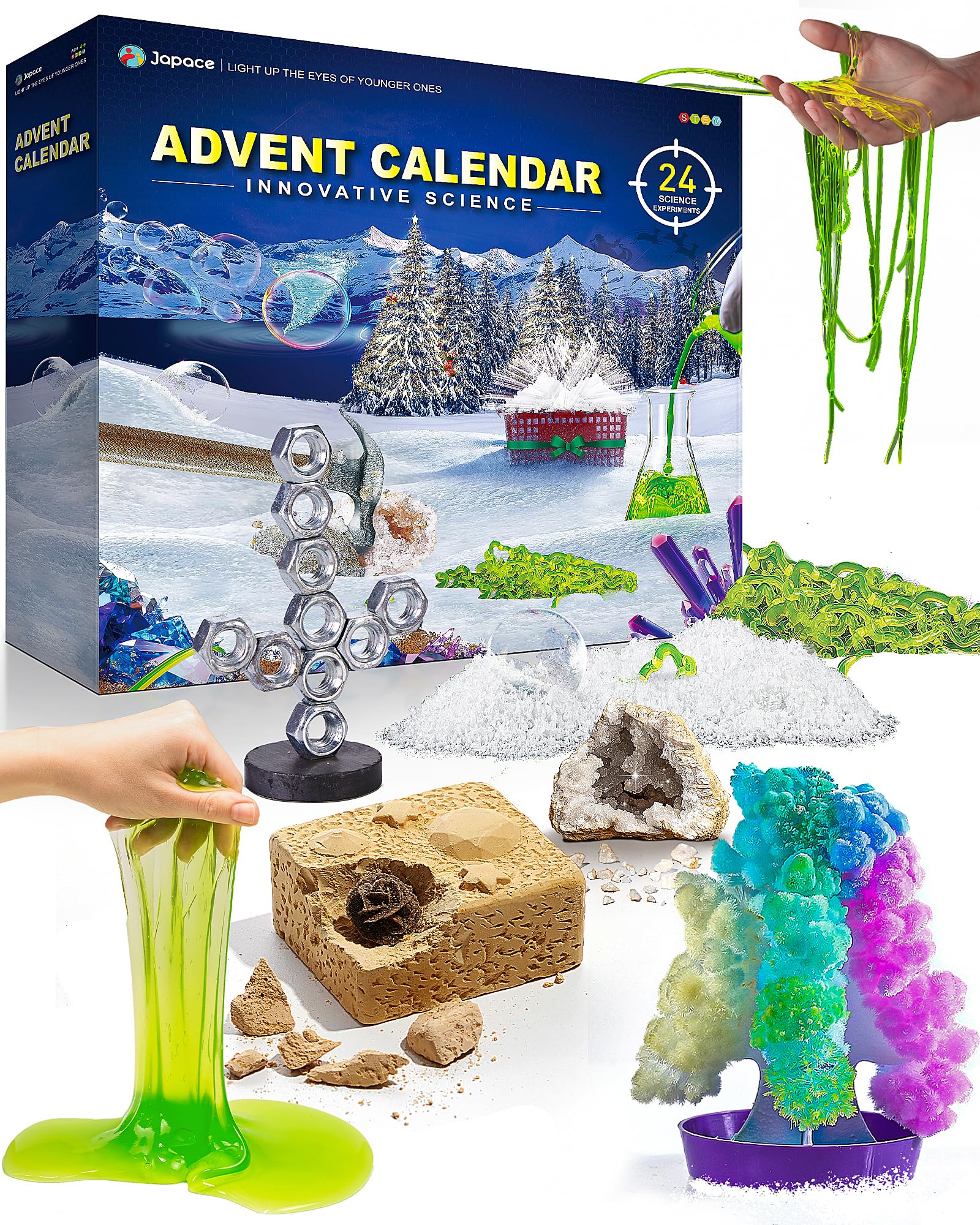 Japace Science Advent Calendar 2024 for Girls Boys, Christmas Gifts for Kids Age 4-6-8-12, Science Kits with 24 Cool Experiments