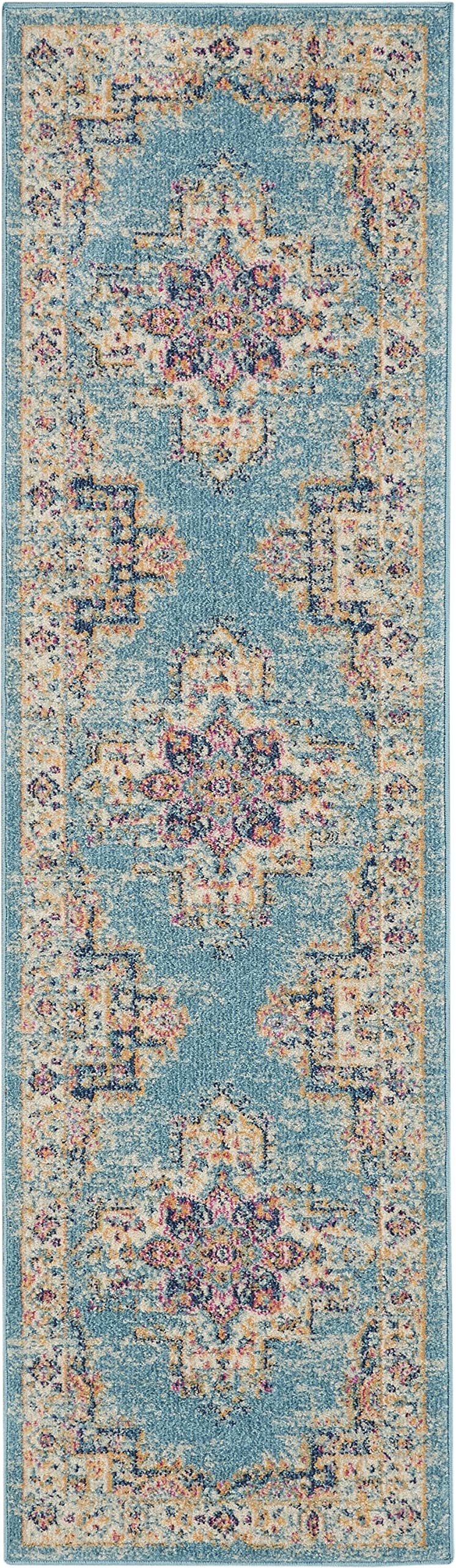 HomeRoots 100% Polypropylene 2’x8’ Light Blue Distressed Medallion Runner Rug