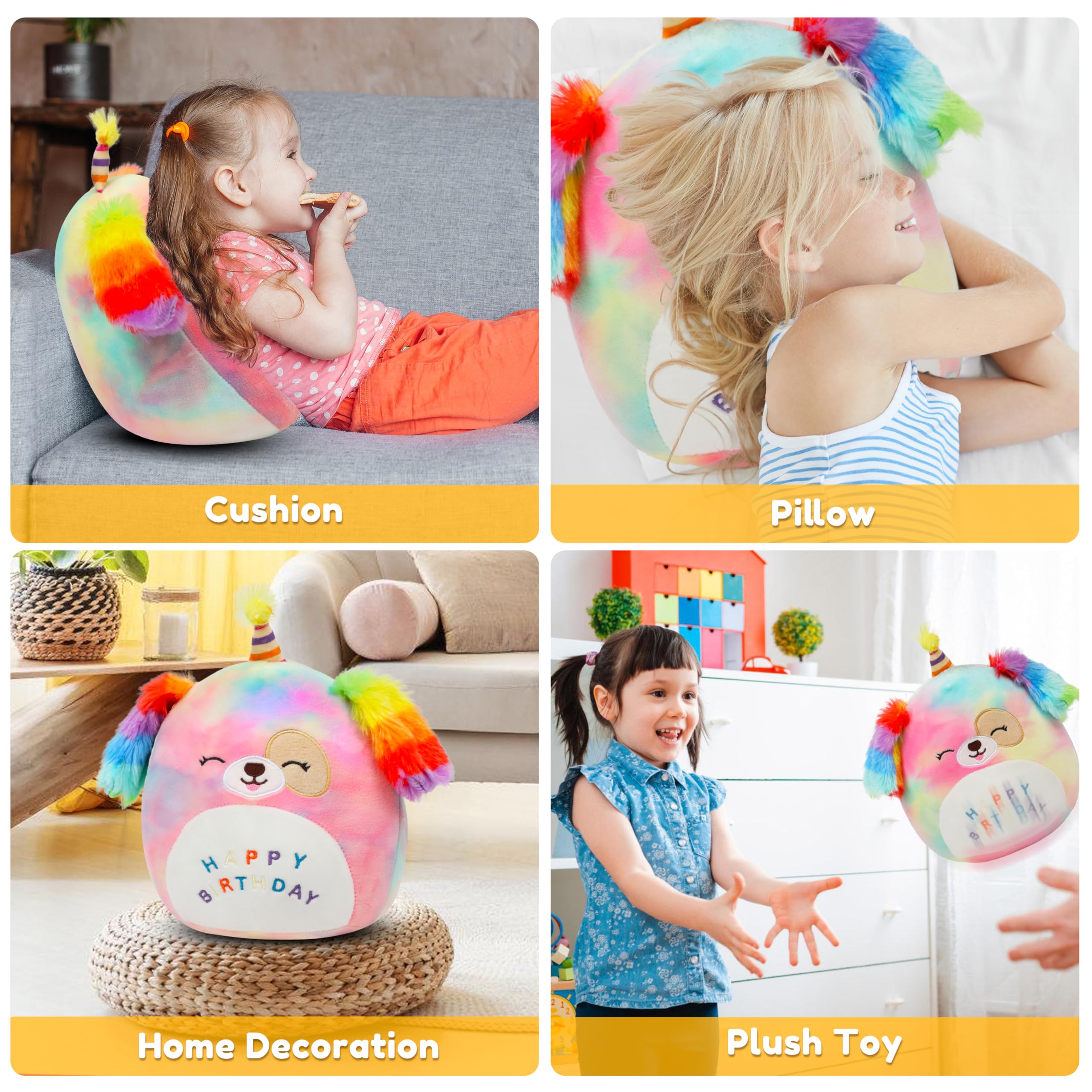 Easfan 8 Rainbow Birthday Dog Plush Pillow Soft Puppy Plush Toy Cute Dog Stuffed Animal Birthday Gifts For Kids Toddlers