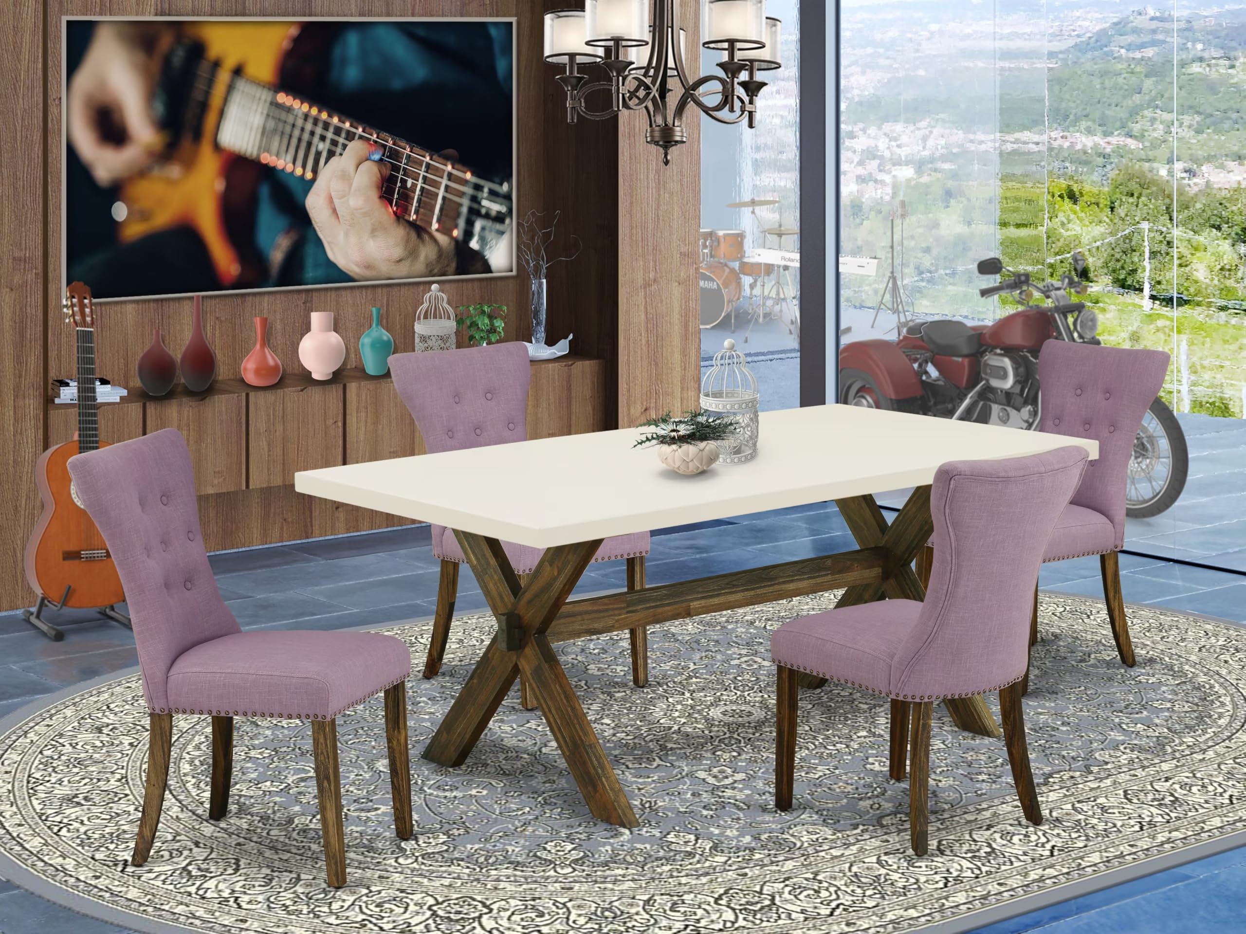 East West Furniture X727Ga740-5 5 Piece Kitchen Table & Chairs Set Includes A Rectangle Dining Room Table With X-Legs And 4 Dahlia Linen Fabric Parson Dining Chairs, 40X72 Inch, Multi-Color
