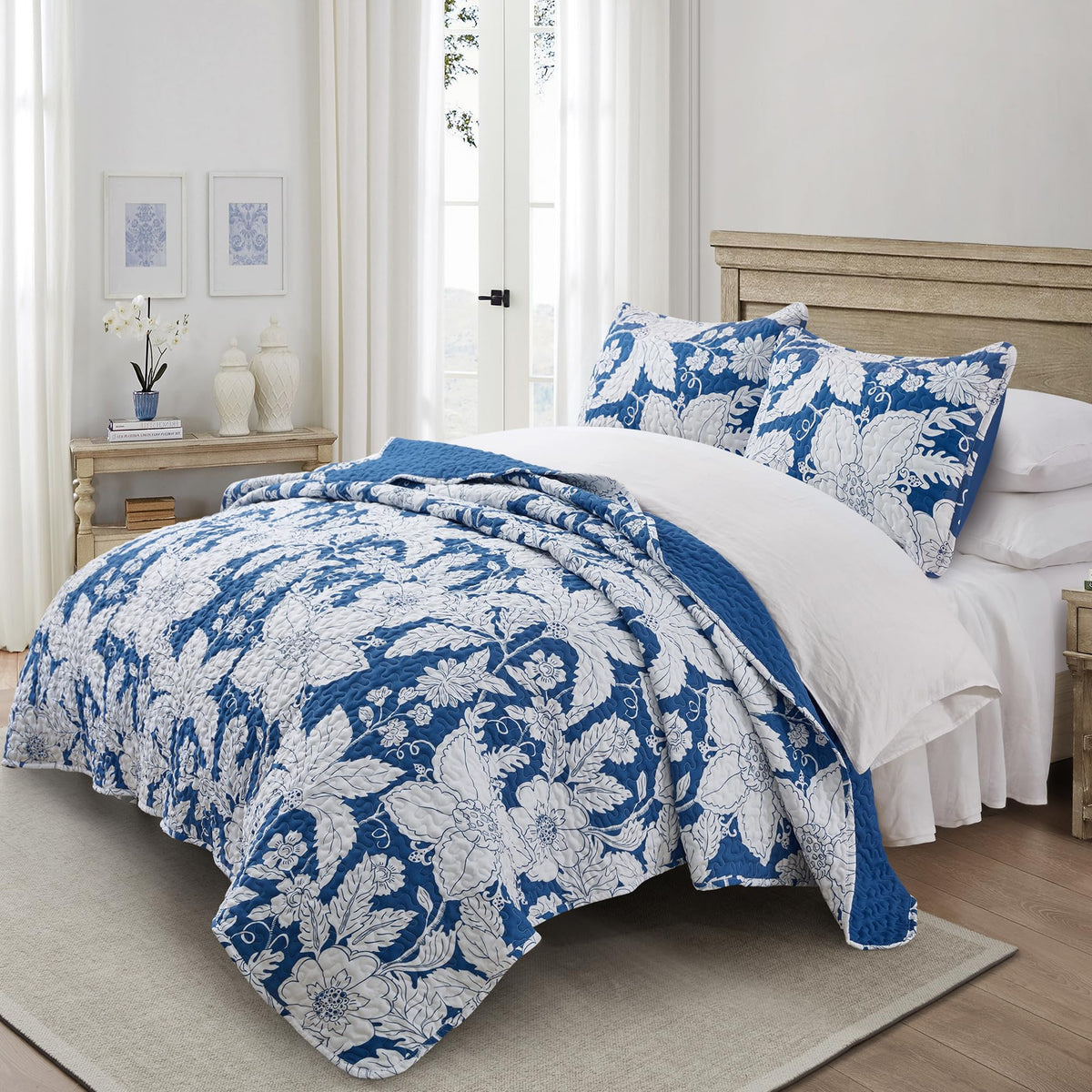 Bonlino Floral Bedding Quilt Set Bedspread - Blue Floral Quilt Lightweight Reversible Dyed Oversized Bed Spread Coverlet With 2