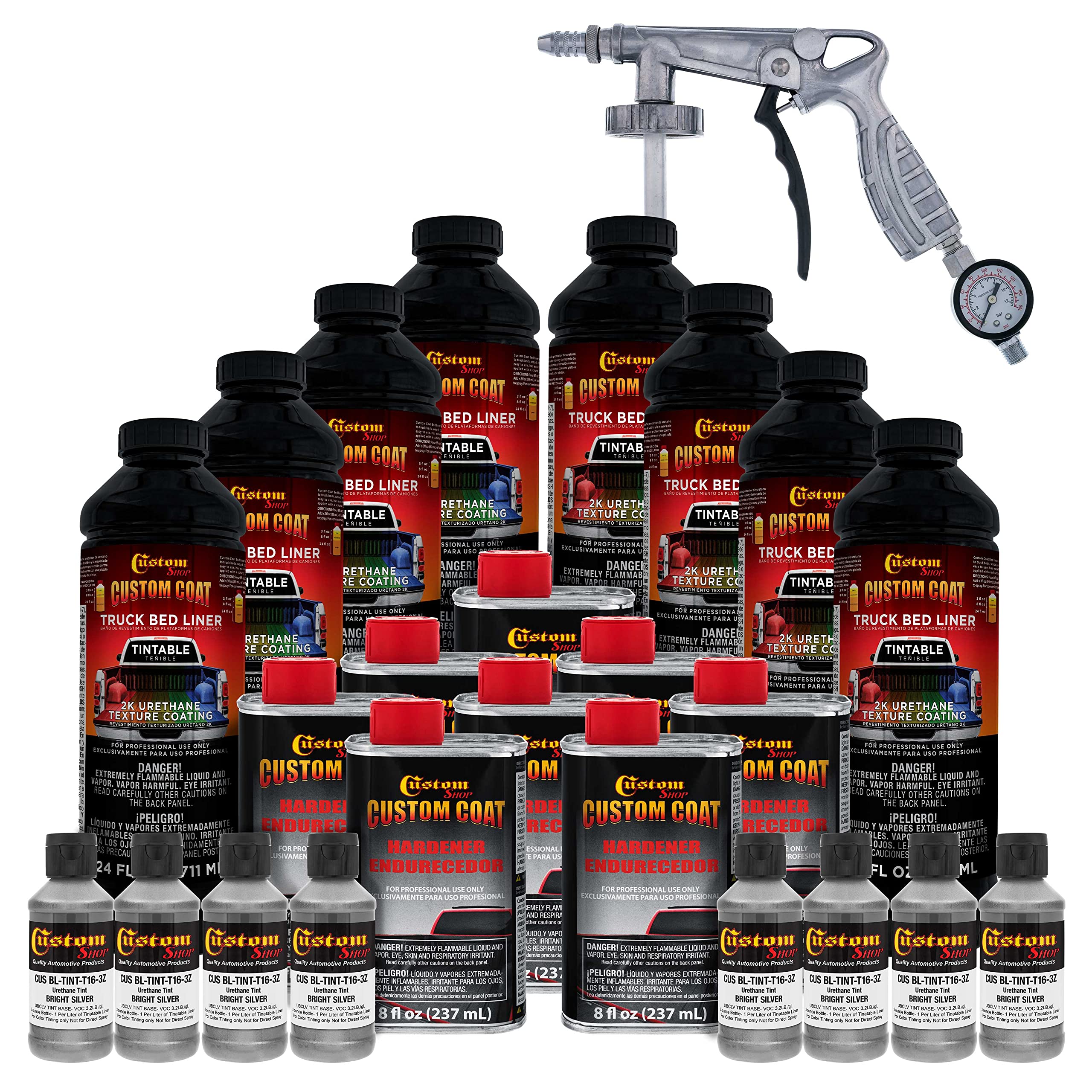 Custom Coat Bright Silver 2 Gallon (8 Quart) Urethane Spray-On Truck Bed Liner Kit With Spray Gun And Regulator - Easy Mixing, S