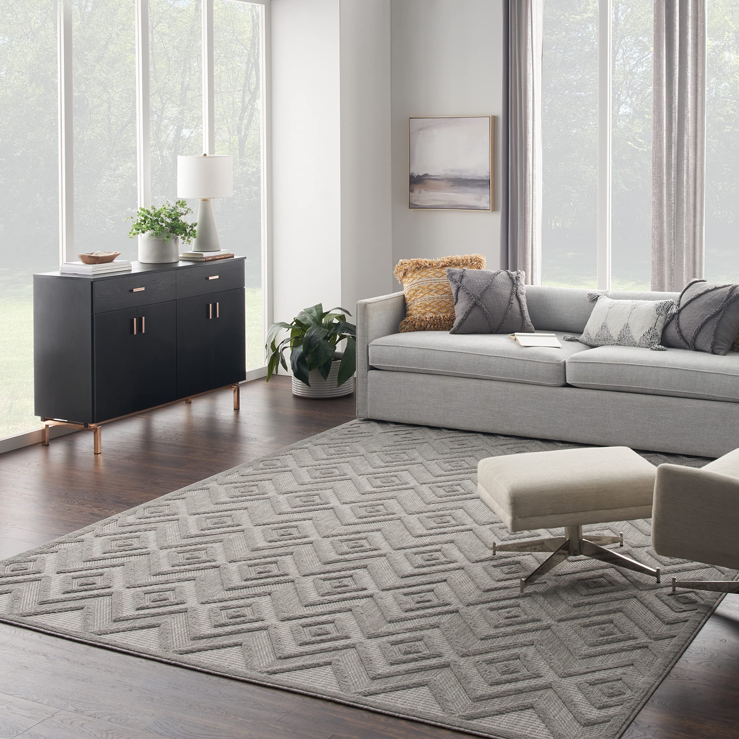 Nourison Versatile Indoor/Outdoor Silver Grey 7' X 10' Area Rug, Easy Cleaning, Non Shedding, Bed Room, Living Room, Dining Room, Deck, Backyard, Patio, High Traffic Area (7X10)