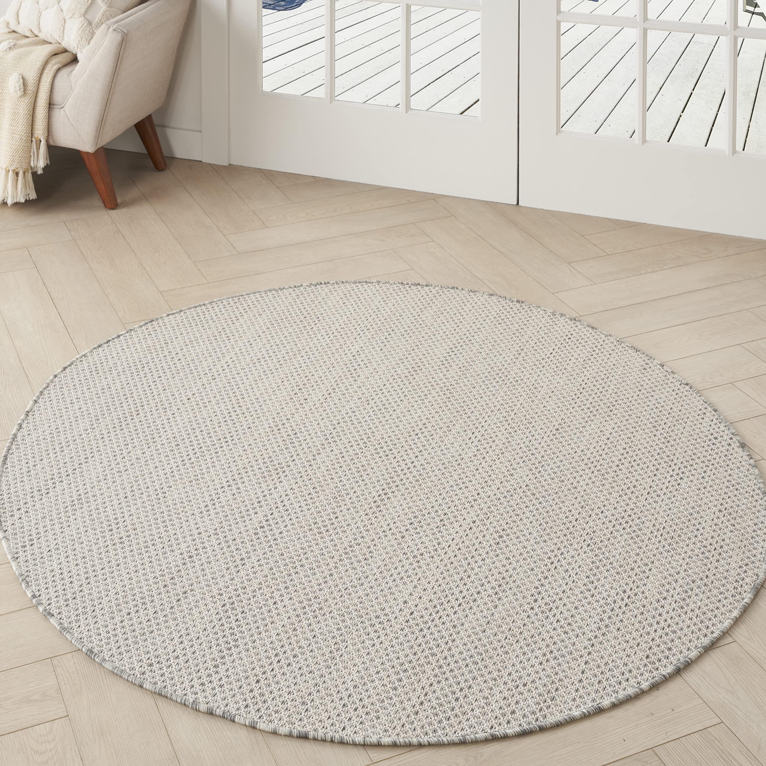 Nourison Courtyard Indoor/Outdoor Ivory/Silver 4' X Round Area Rug, Easy Cleaning, Non Shedding, Bed Room, Living Room, Dining R