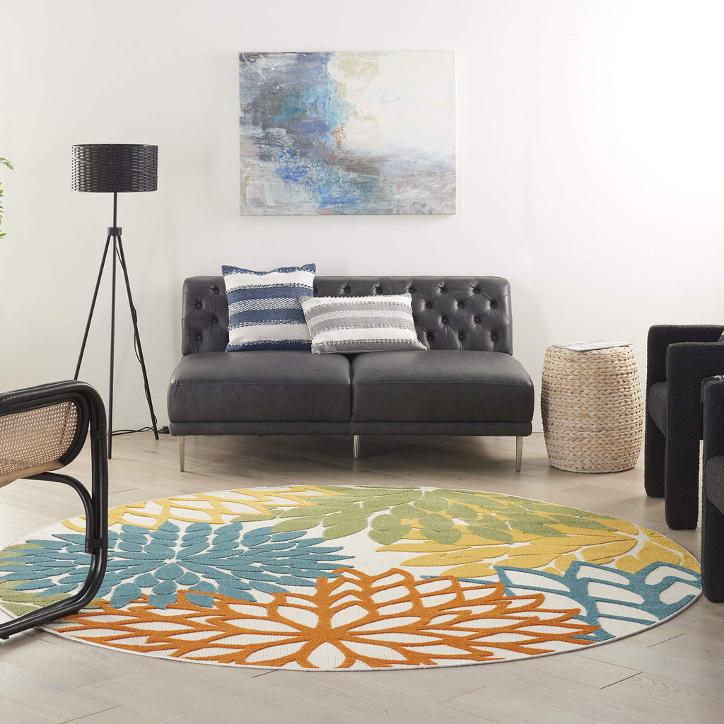 Nourison Aloha Indoor/Outdoor Floral Turquoise Multicolor 7'10' X Round Area Rug, (8' Round)