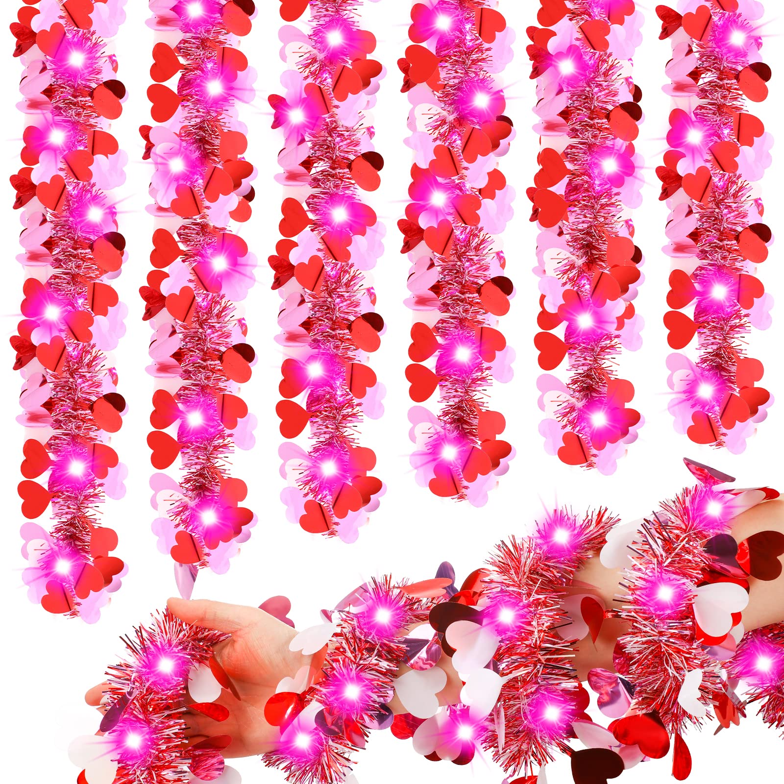 Chuangdi 16.4 Feet Valentines Day Tinsel Garland with Lights Metallic Tinsel Twist Garland Hanging Shiny with 50 LEDs String Li