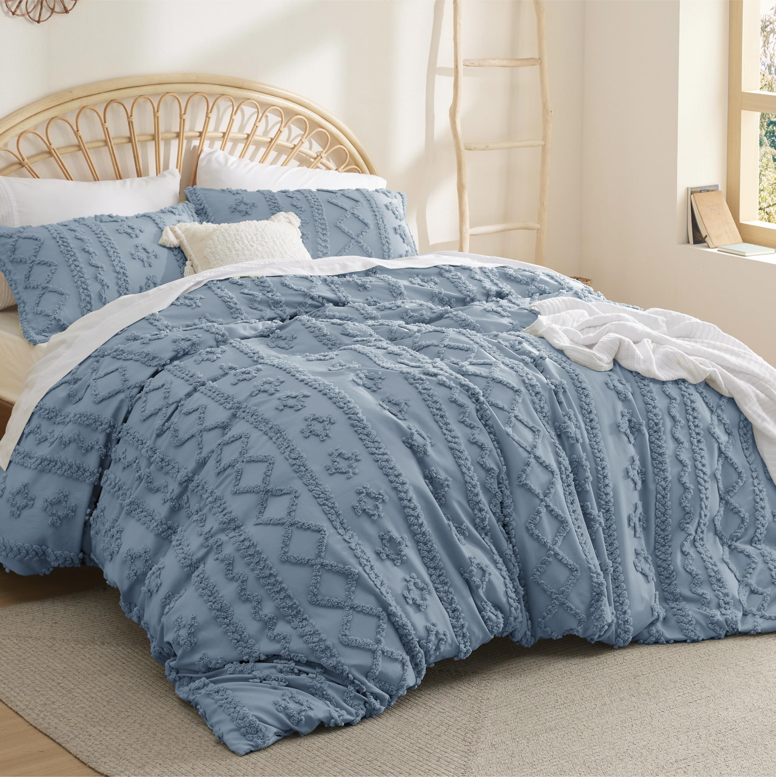 Bedsure Boho Duvet Cover King Size - Tufted Duvet Cover King Size For All Seasons, 3 Pieces Soft Shabby Chic Embroidery Boho Bedding Duvet Cover For Gifts (Dusty Blue, King, 104X90)