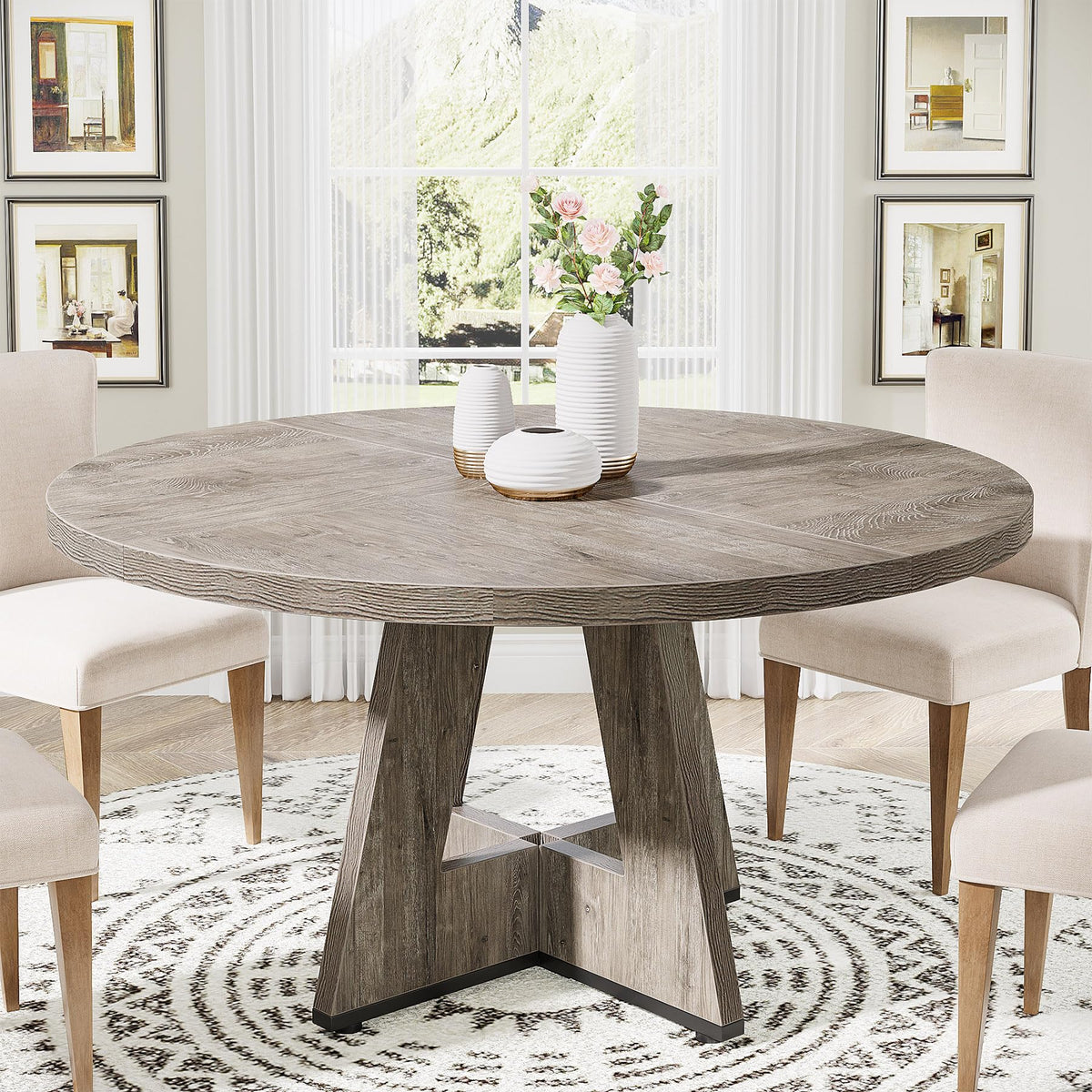 Tribesigns Round Dining Table Wood Kitchen Table For Dining Room, 47' Dinning Room Tables For 4 Adult, Farmhouse Dinner Table W