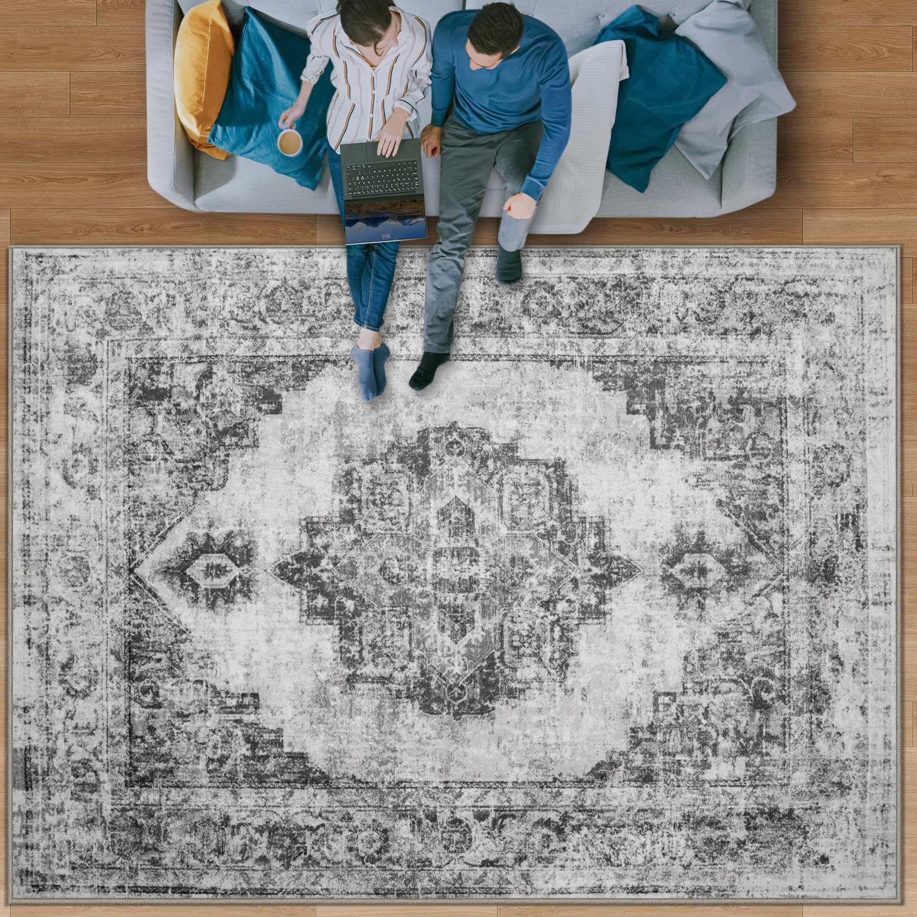 Area Rug 8x10 Vintage Rugs: Large Washable Indoor Medallion Rug Low Pile Distressed Floor Carpet Retro Accent Rugs for Living Ro