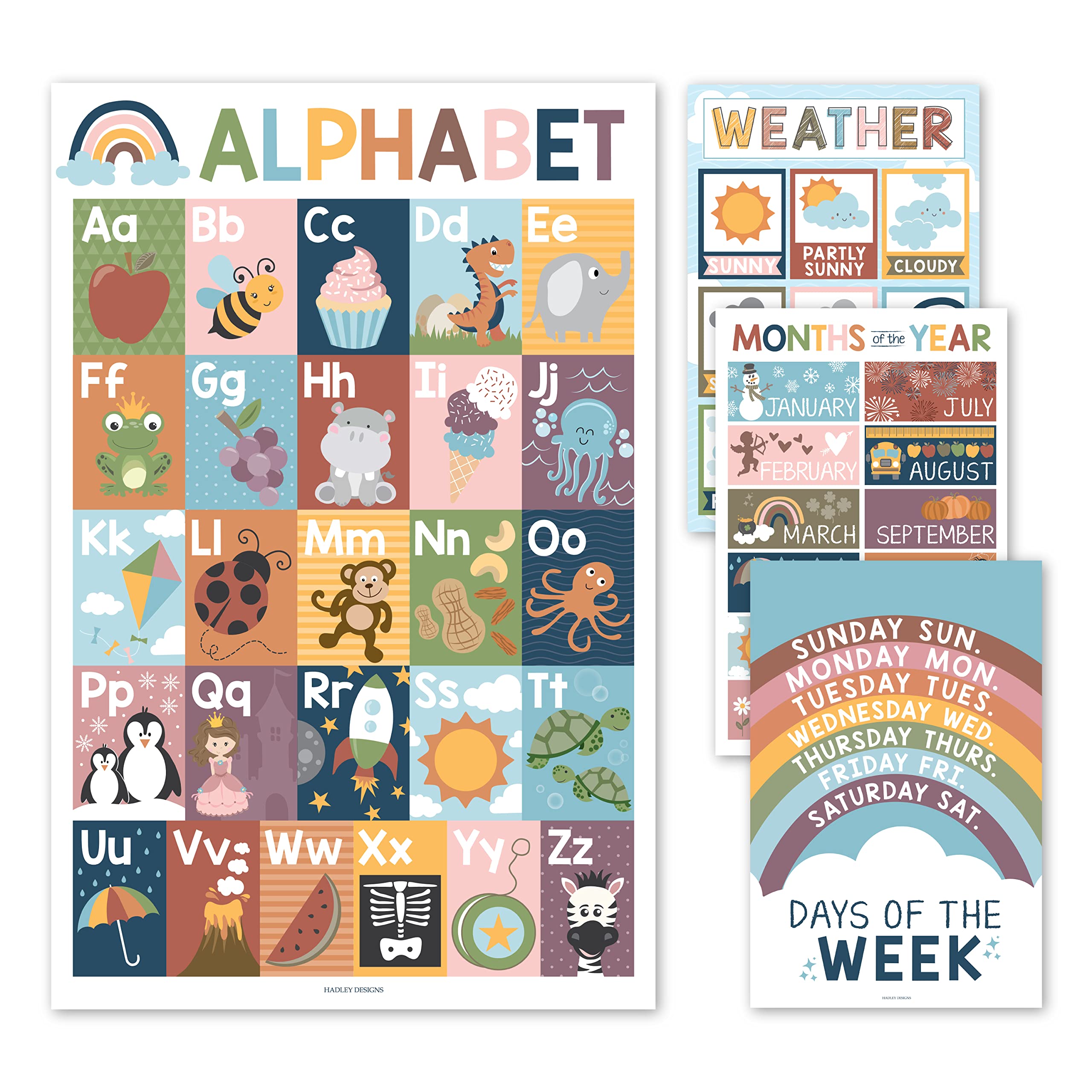 Hadley Designs 4 Boho Kids Educational Posters For Toddlers - Alphabet Poster, Days Of The Week For Kids, Months Of The Year For