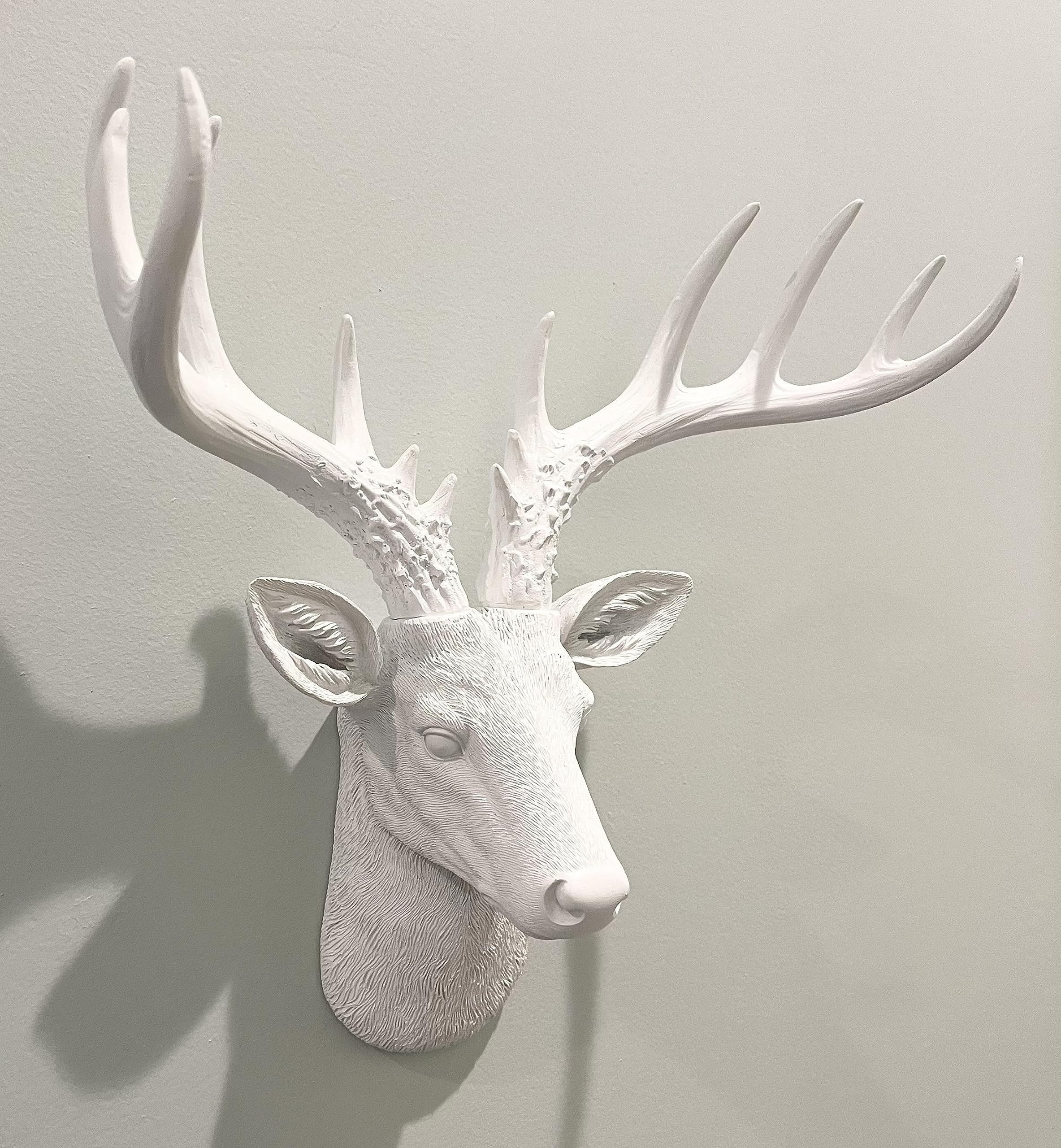 Top Brass 12 1/2'' Faux White Deer Head/White Antlers Wall Decor - Modern Minimalism Taxidermy Art Sculpture