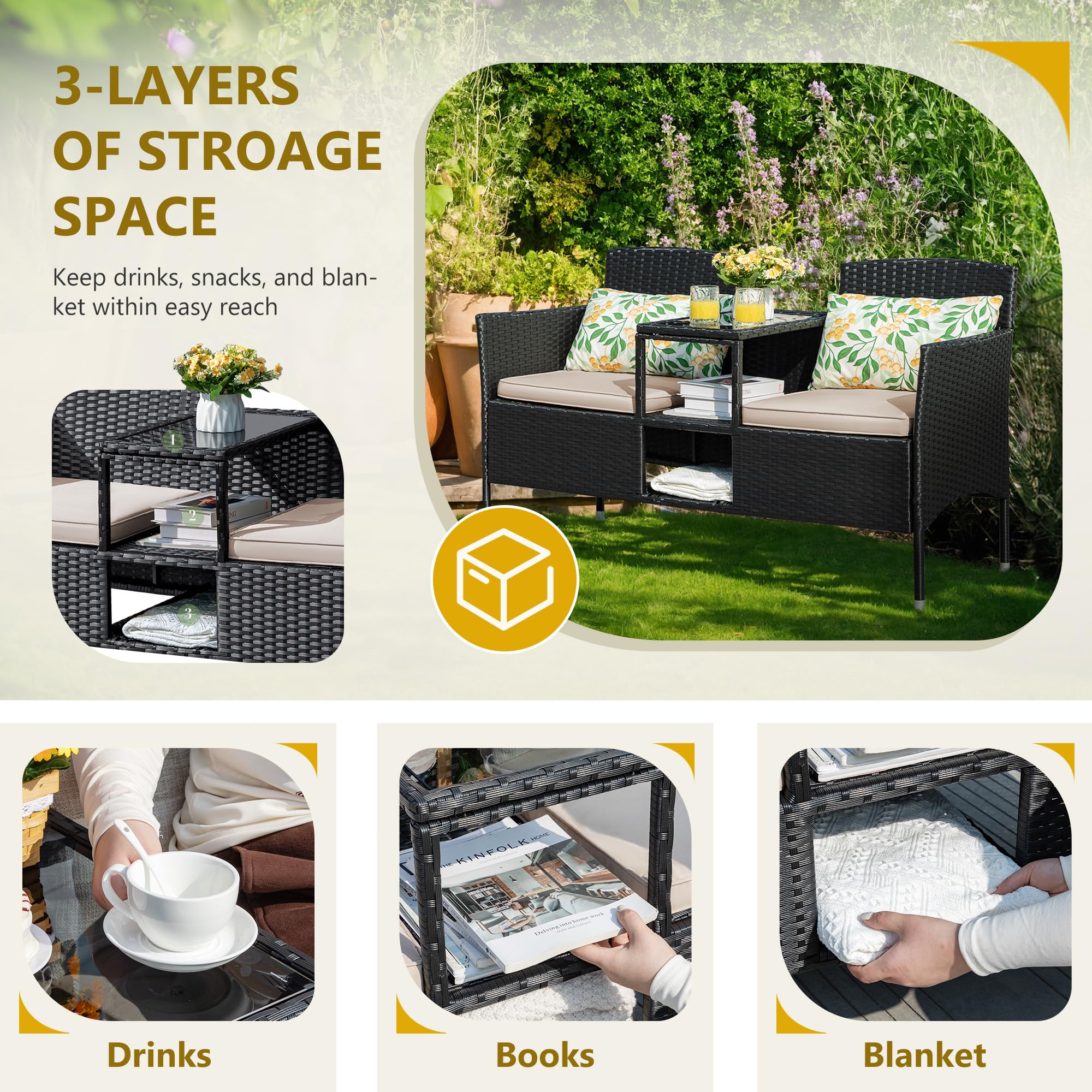 Flamaker Outdoor Furniture Patio Loveseat Wicker 2-Seat With Built-In Table And Cushions Rattan Porch Chairs Bench For Balcony, Lawn, Backyard (Beige)