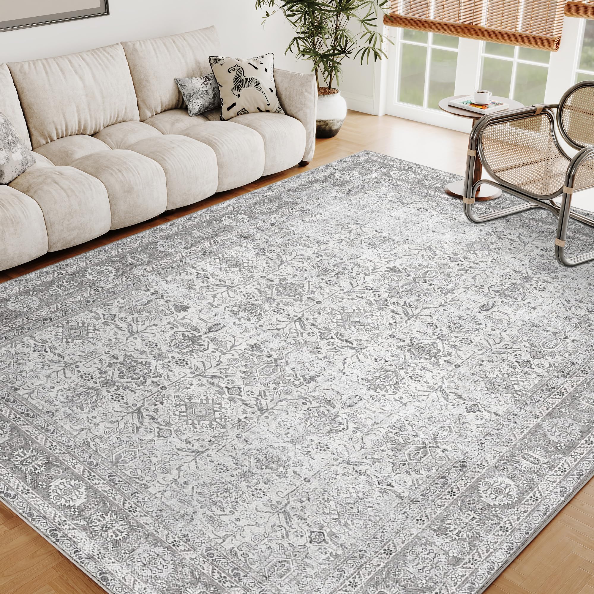 PureCozy Vintage Area Rug 6x9 Gray Washable Living Room Large Carpet Non Slip Bedroom Indoor Office Low Pile Grey Traditional Di