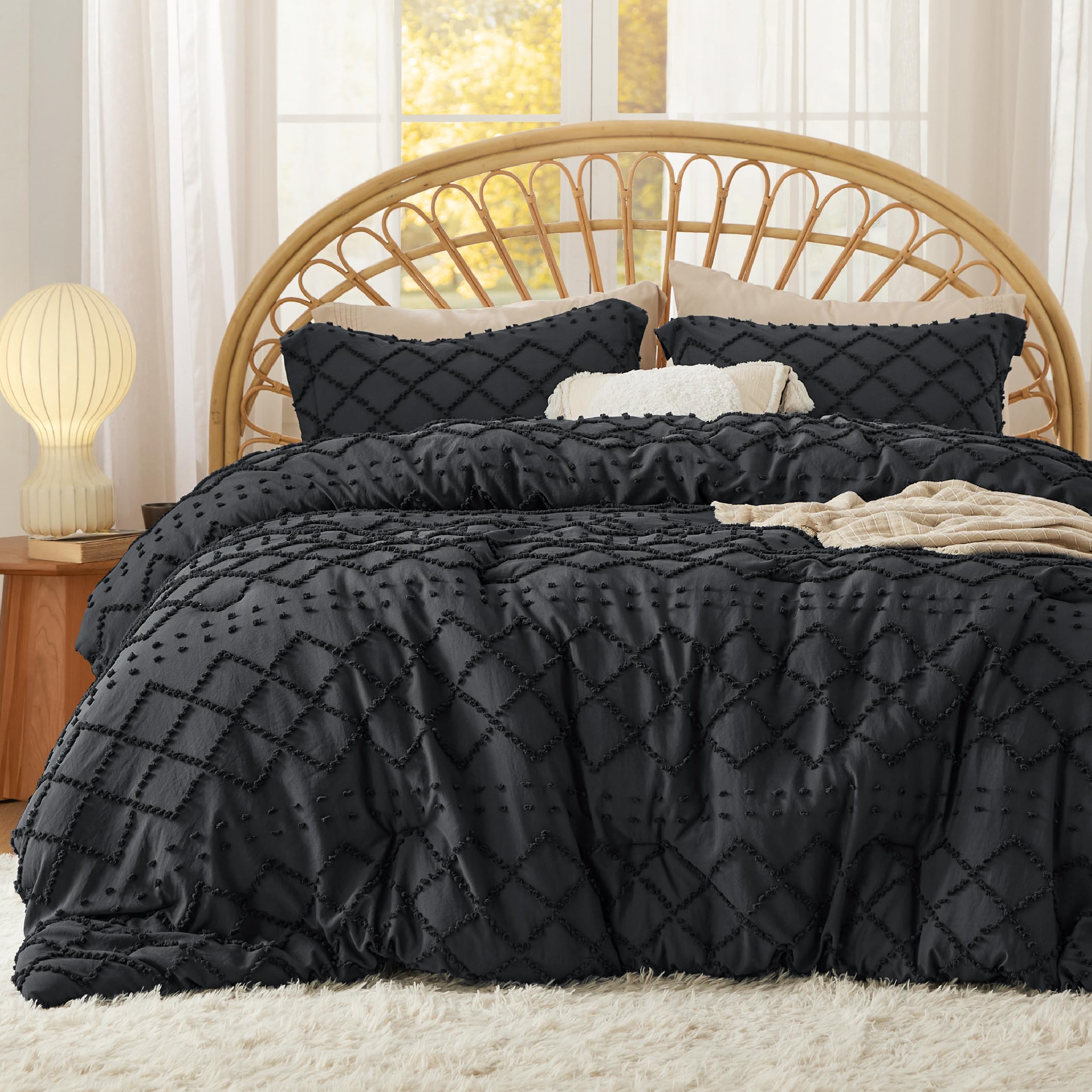Bedsure King Size Comforter Set - Black Comforter, Boho Tufted Shabby Chic Bedding Comforter Set, 3 Pieces Farmhouse Bed Set For