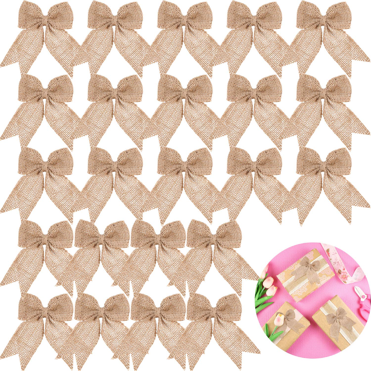 30 Pieces Burlap Bows Burlap Bow Knot Handmade Burlap Decorative Bowknot Natural Ornament Bow for Christmas Decorate Tree Festiv