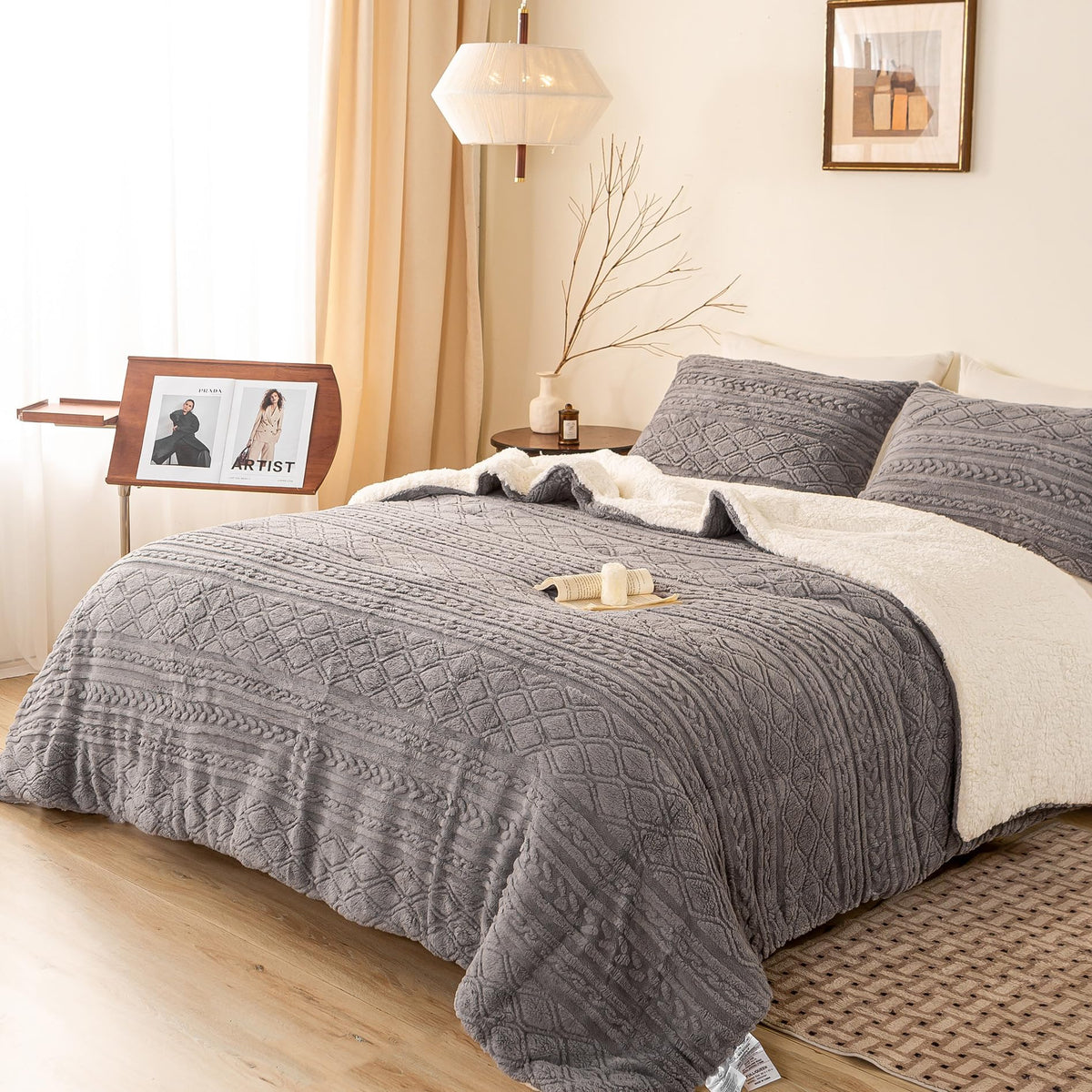 Bohopopm Ultra-Soft Warm Plush Sherpa Fleece Down Comforter Queen Size - Thickened Boho 3D Jacquard Reversible Bedding Comforter