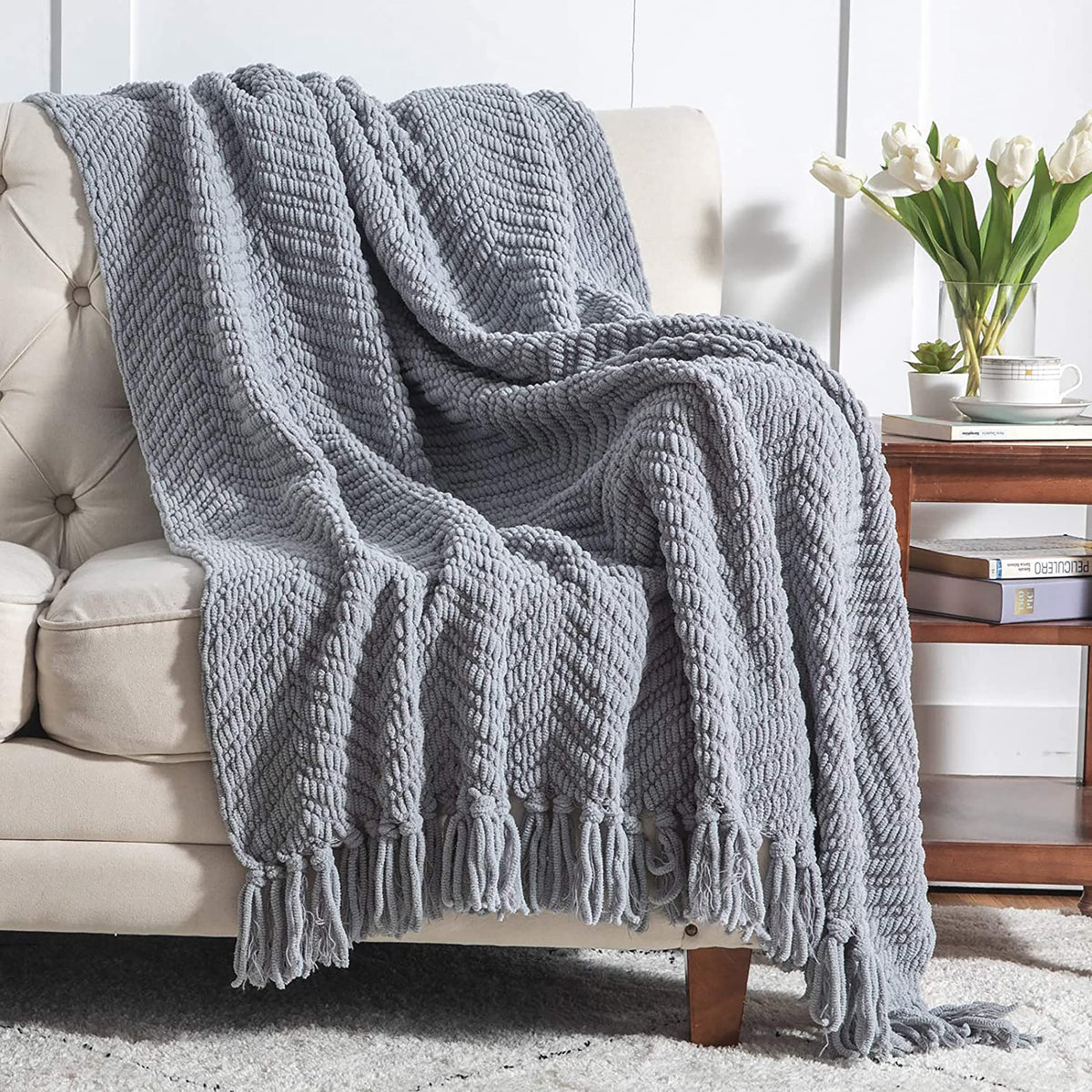 Bedsure Grey Throw Blanket For Couch, Knit Woven Chenille Blanket Versatile For Twin Bed, 60 X 80 Inch, Super Soft Warm Decorati
