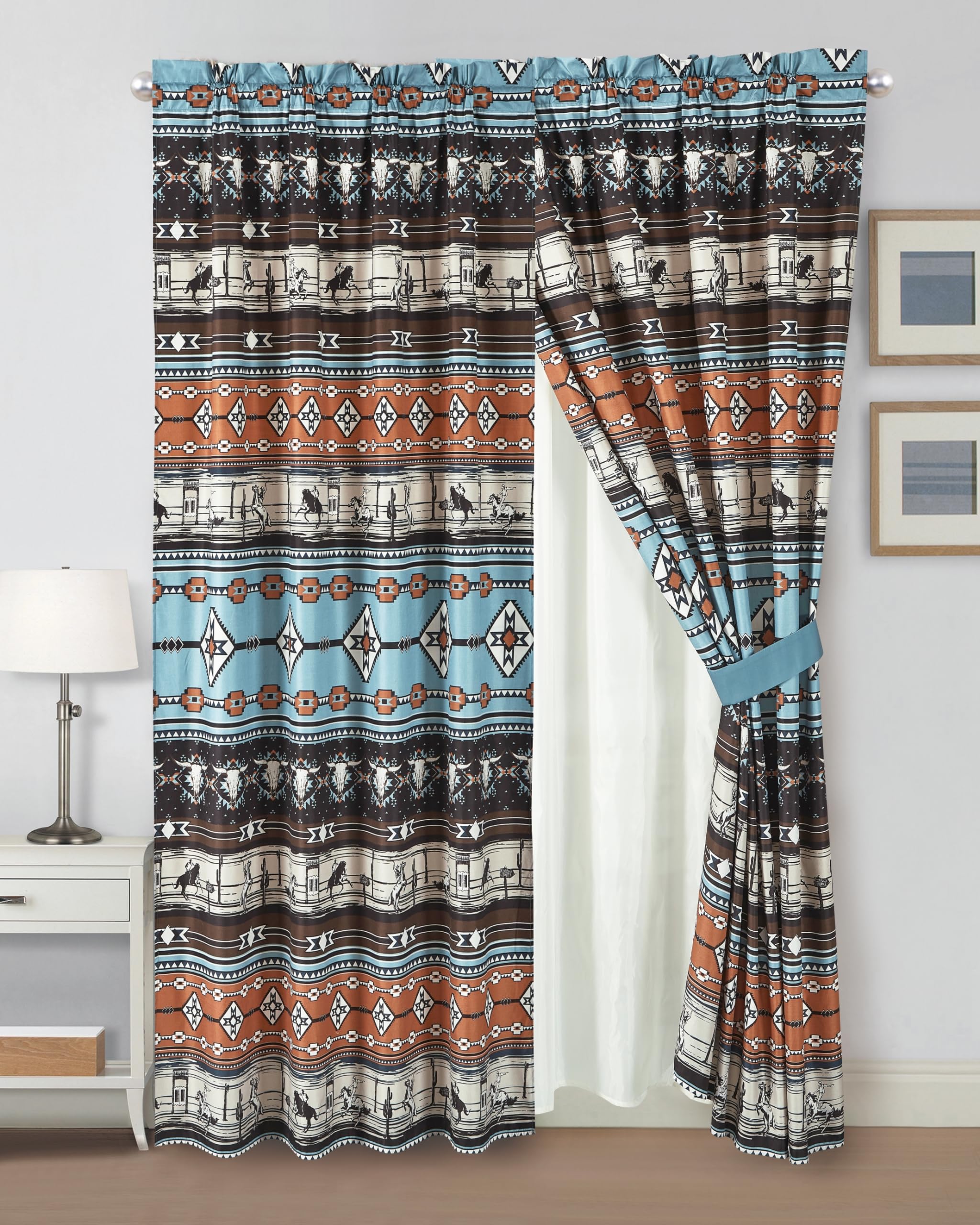 Chezmoi Collection Boone 4-Piece Southwestern Cowboys Rodeo Window Curtain Set with Sheer Backing - Multicolor Blue Brown Beige 