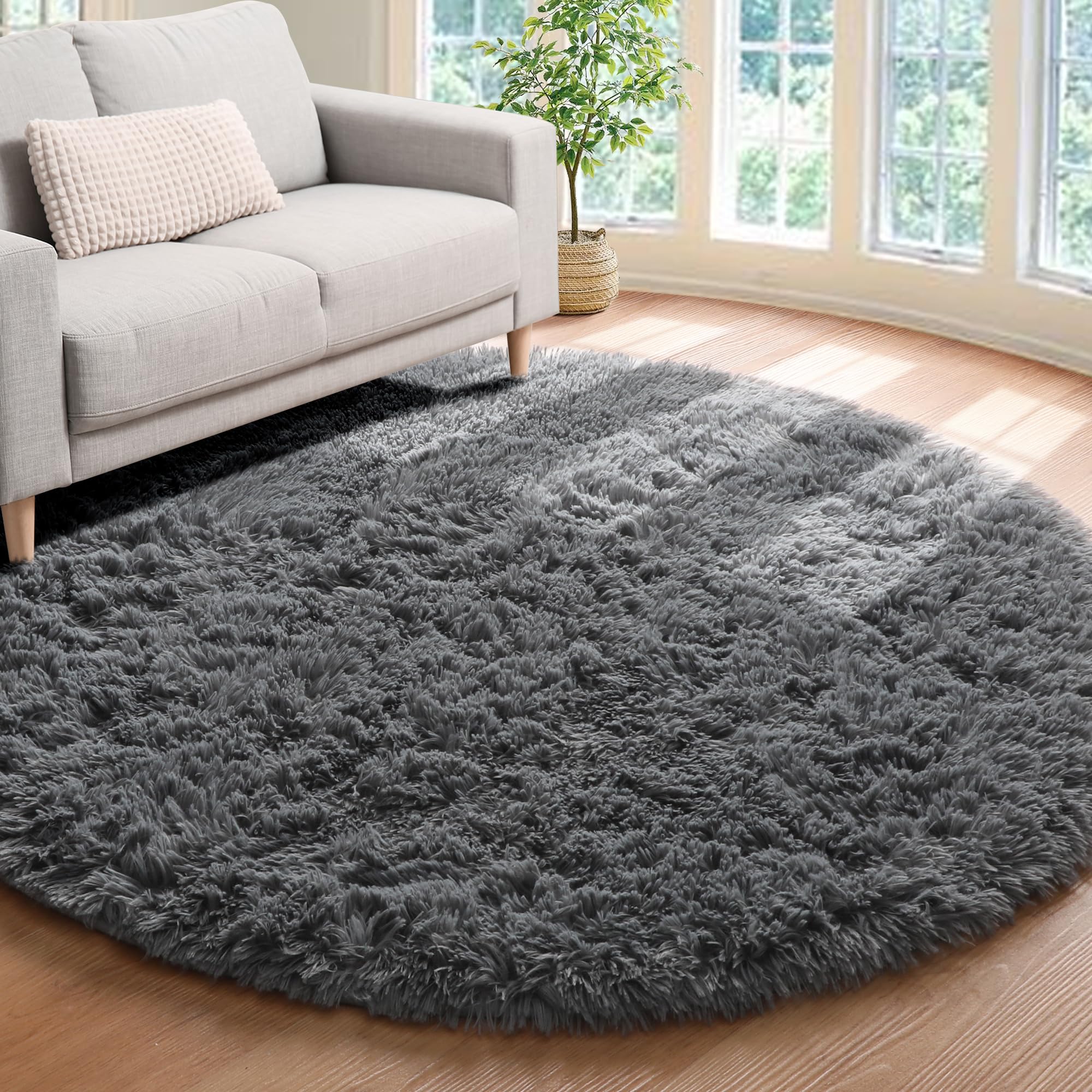 ONASAR Gray Round Area Rug 4ft, Soft Bedroom Circle Rugs Mats for Kids Girls Teen Room, Fluffy Plush Shaggy Carpet for Baby Nurs