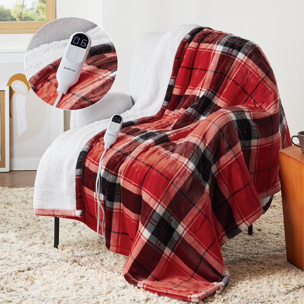 Bedsure Plaid Heated Throw Blanket - Christmas Electric Blanket With Red Plaid Pattern, Flannel Sherpa Heating Blanket As A Gift