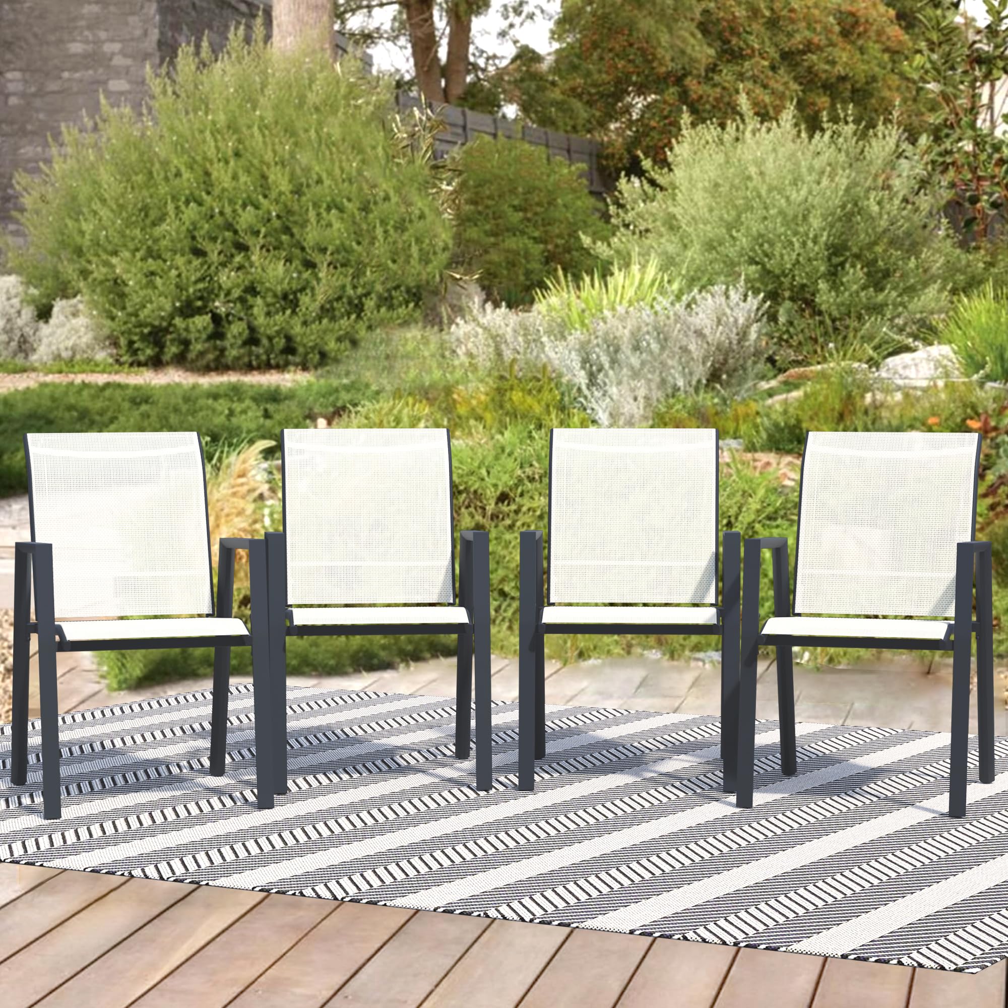 Outdoor Patio Chairs Set Of 4, Oyster Stackable Patio Chairs, Sling Chairs With High Back, Metal Outdoor Chairs For Lawn, Garden