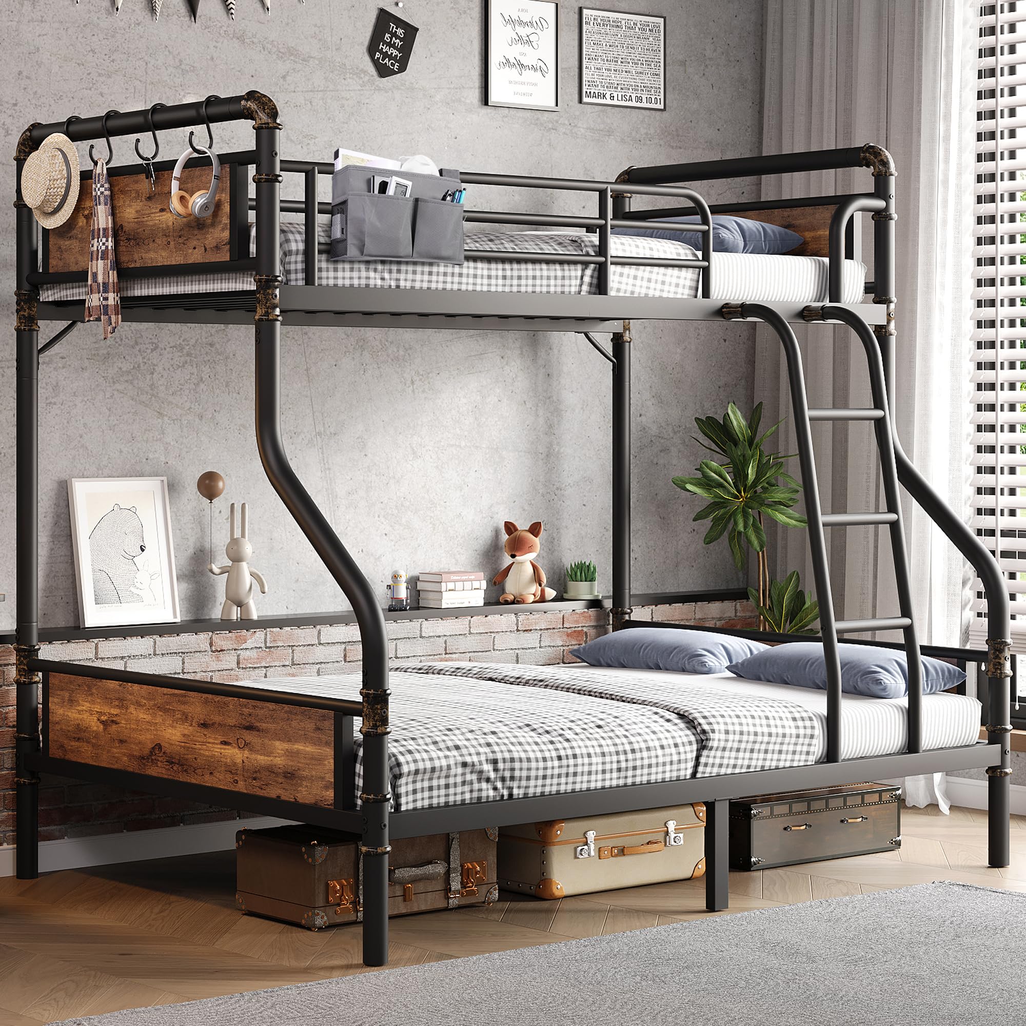 Jocoevol Metal Bunk Bed Twin Over Full, Industrial Bunkbeds Heavy Duty Bed with Safety Guard Rails and Space-Saving Design, Stee