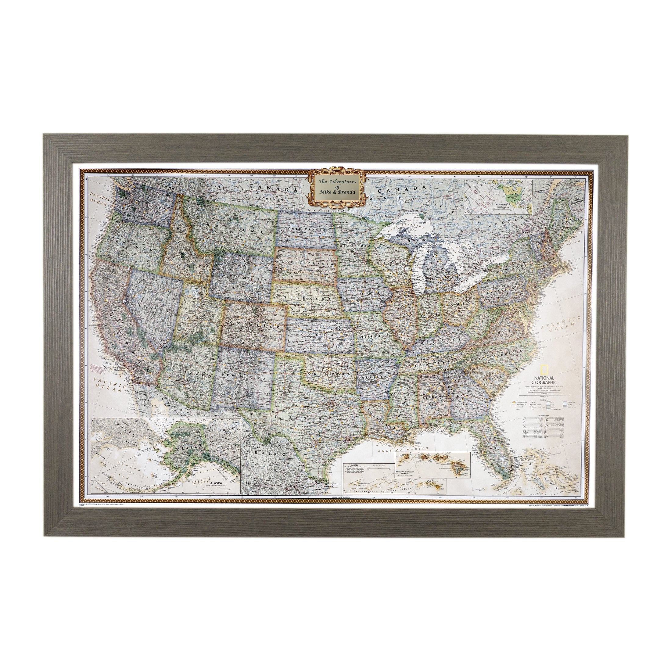 Push Pin Travel Maps Executive US with Personalized Barnwood Gray Frame and Pins - 27.5 inches x 39.5 inches