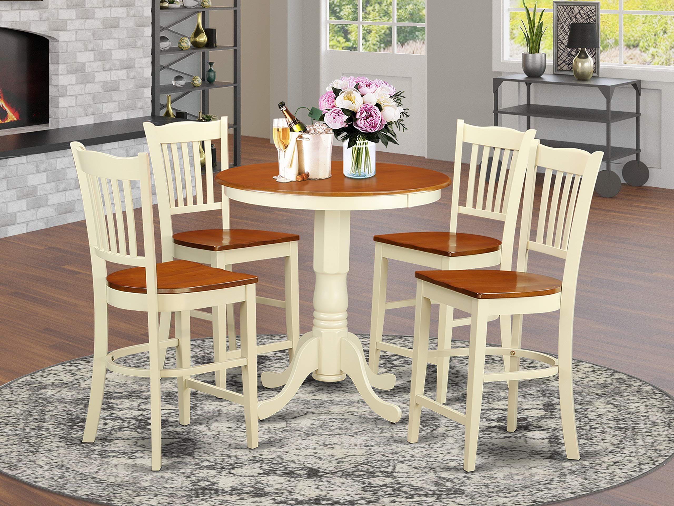 East West Furniture EDGR5-WHI-W 5 Piece Kitchen Counter Height Dining Table Set Includes a Round Wooden Table with Pedestal and 4 Dining Chairs, 30x30 Inch, Buttermilk & Cherry