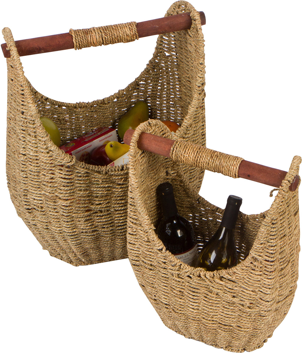 Trademark Innovations 12.2'' & 9.4'' Seagrass Baskets With Wooden Handles - Set Of 2 (Natural)