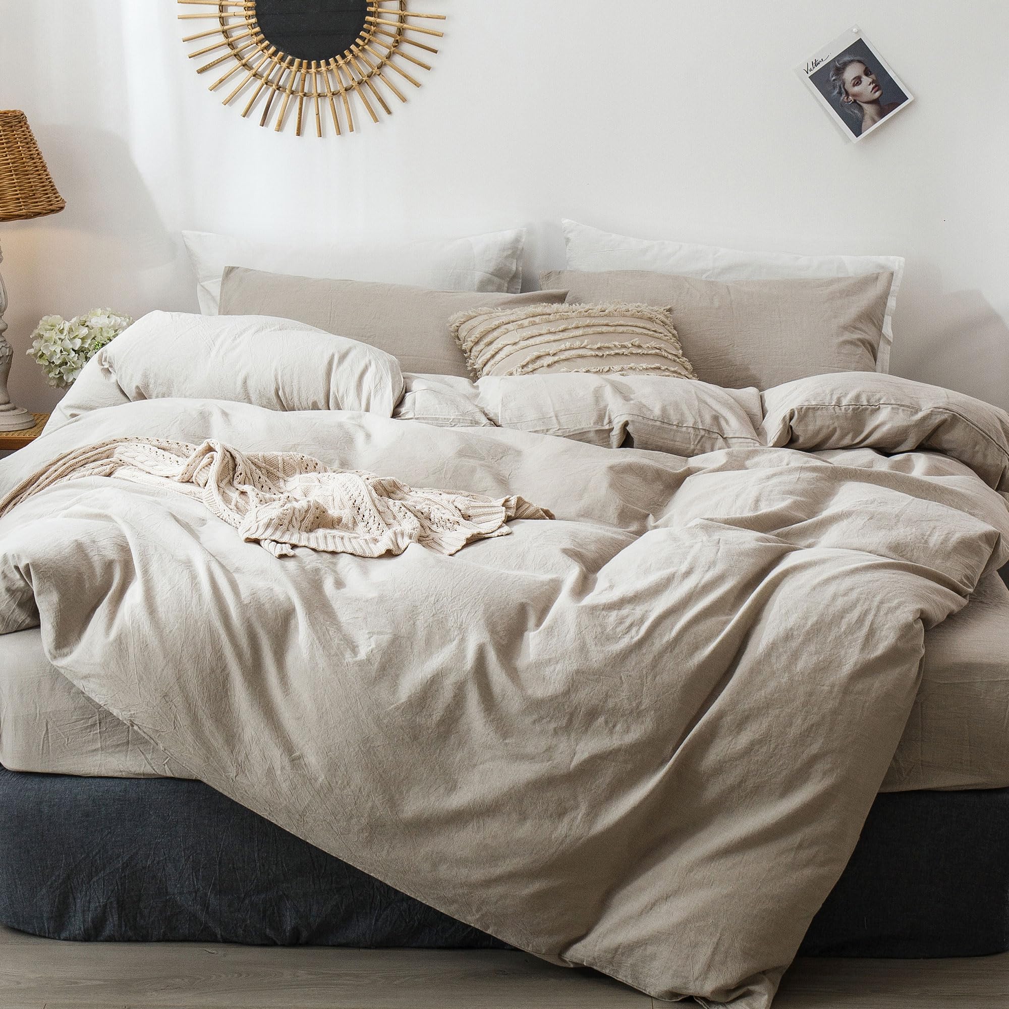 Moomee Bedding Duvet Cover Set 100% Washed Cotton Linen Like Textured Breathable Durable Soft Comfy (Tannish Linen Grey, Queen)
