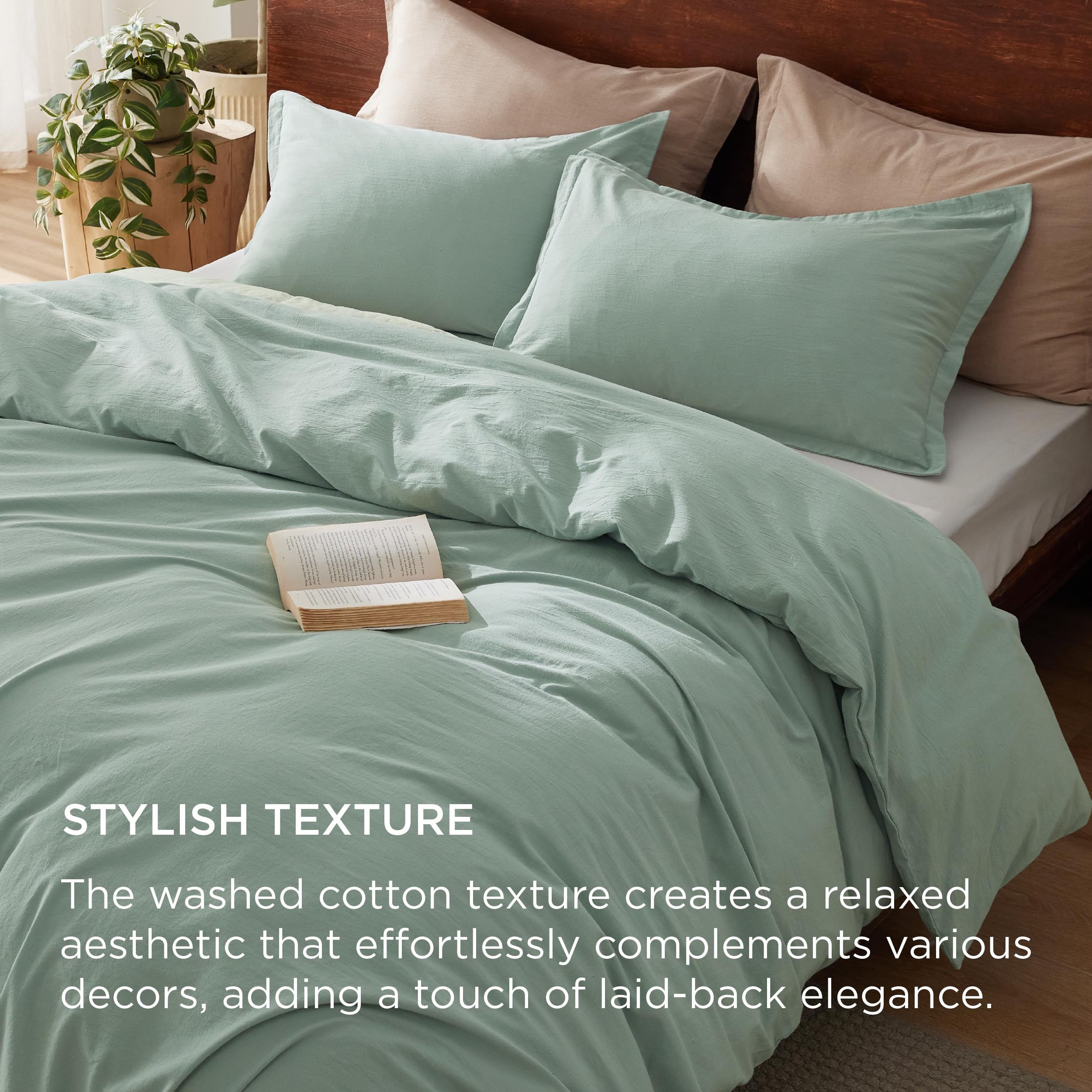 Bedsure 100% Washed Cotton Duvet Cover Queen - Sage Green Minimalist Cotton Duvet Cover Linen Like - 3 Pieces Gentlesoft™ Plain Simple Bedding Set With 2 Pillow Shams (Sage Green, Queen, 90'X90')