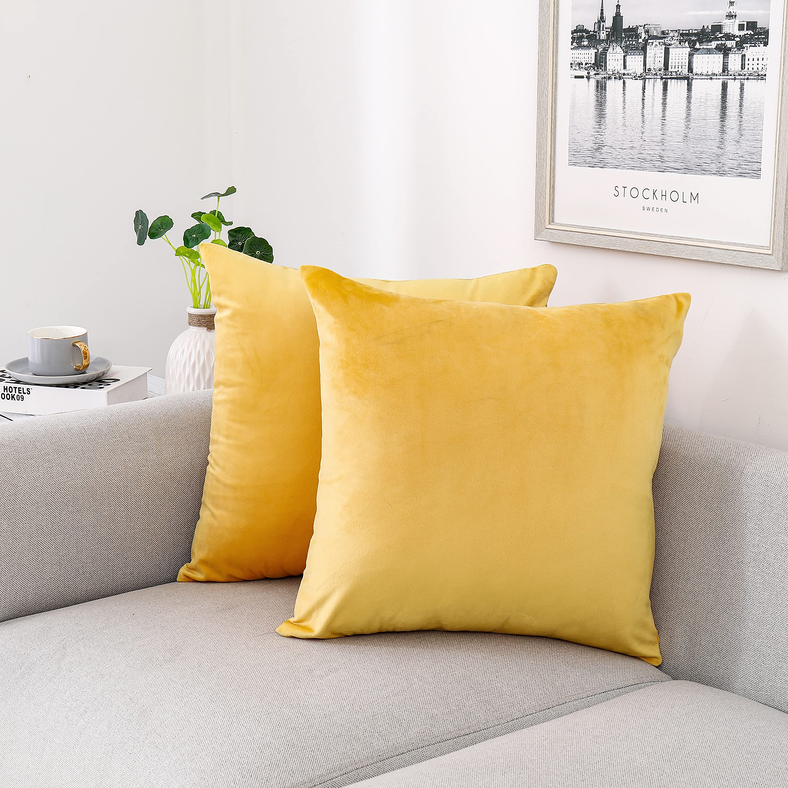 Nini All Decorative Throw Pillow Covers Velvet 22X22 Inch Pack Of 2 Yellow Cushion Covers Soft For Couch Sofa Bedroom Living Roo
