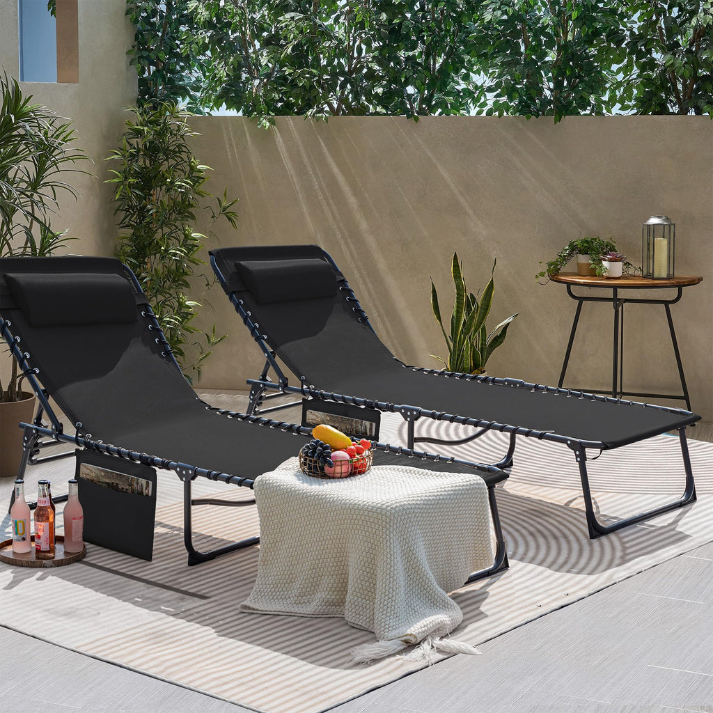 Flamaker Foldable Chaise Lounge Chair 5-Position Adjustable, Tanning Chair With Side Pocket, Outdoor Sunbathing For Pool, Beach, Patio, Lawn, Indoor Recliner Chair For Napping(Black, 1 Pcs)