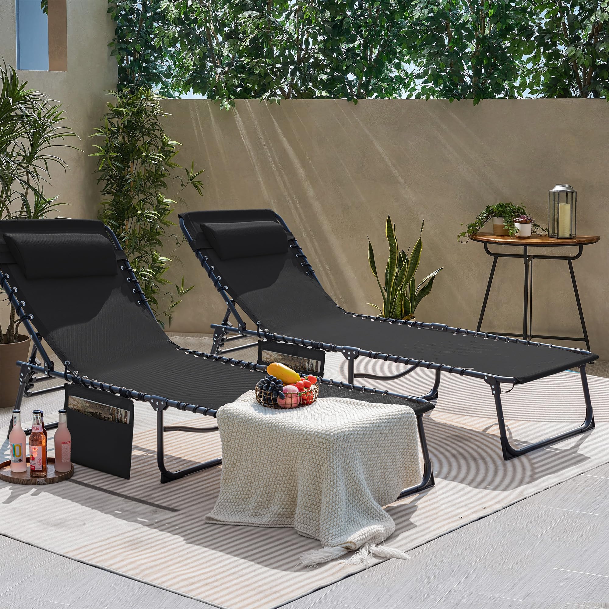 Flamaker Foldable Chaise Lounge Chair 5-Position Adjustable, Tanning Chair With Side Pocket, Outdoor Sunbathing For Pool, Beach, Patio, Lawn, Indoor Recliner Chair For Napping(Black, 1 Pcs)