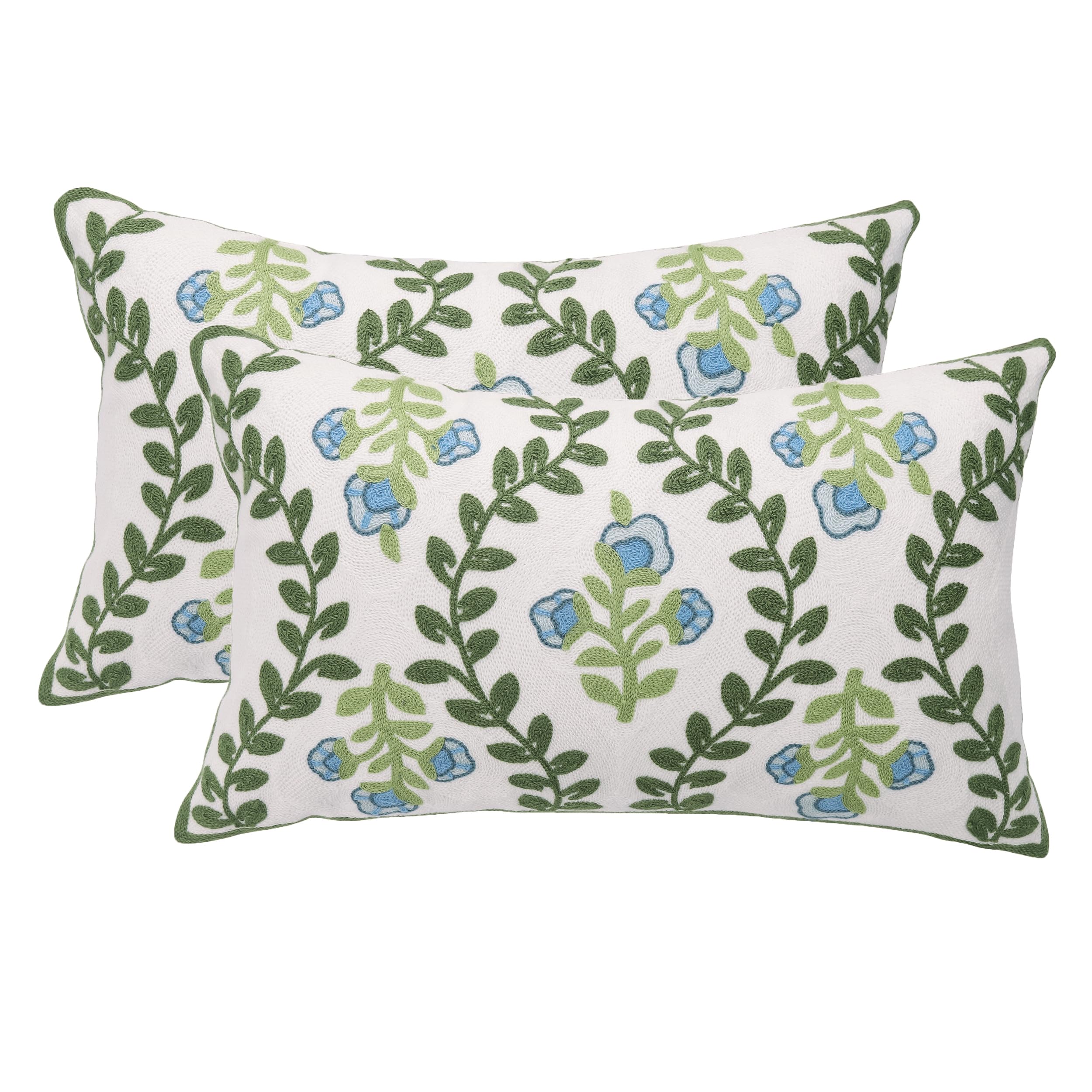 Tosleo Embroidered Throw Pillow Covers 12X20 Inch Pack Of 2 Green Vine Blue Flowers Decorative Pillowcases Farmhouse Cotton Pill